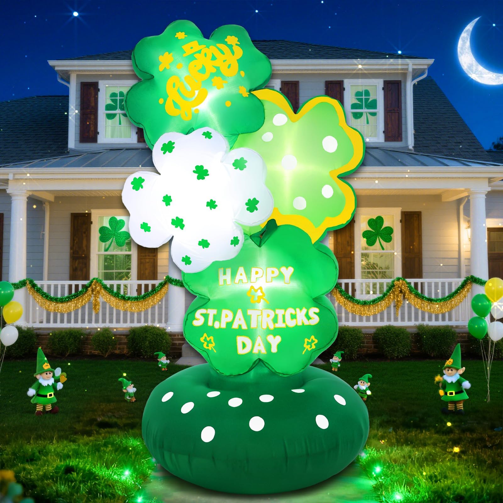 5.6FT St Patricks Day Inflatables – Inflatable Shamrock Tower with Layered Four-Leaf Clover Design, Festive Lucky St. Patrick’s Day Decorations Outdoor, Magical Green Yard Display