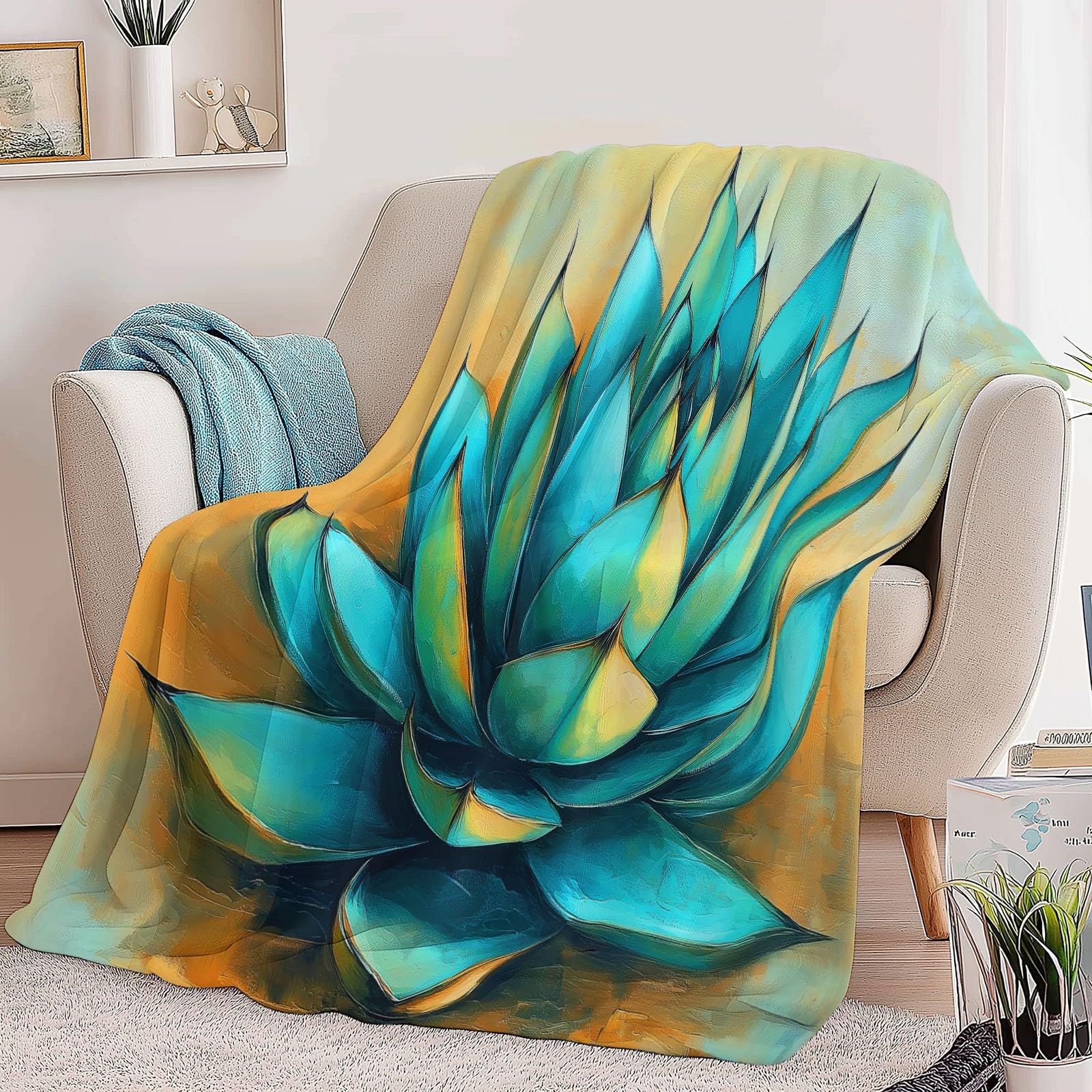 Genérico Manta Franela para Cama Turquesa, Ultra Suave Mantas Estampado Abstracto Planta Cactus De Agave para Sofa 220 x 240 cm - Cálida y Acogedora para Cama Sofá Oficina Coche Viajes Camping