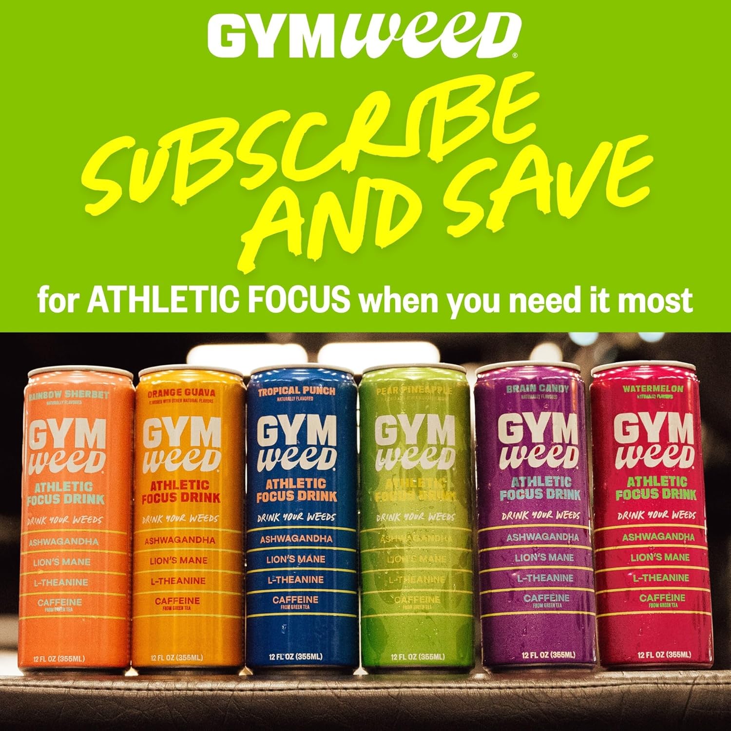 GYM WEED Athletic Focus Drink with KSM-66 Ashwagandha, Lion's Mane Mushroom, L-Theanine, 200mg Green Tea Caffeine with Natural Sweeteners Variety Pack of flavors, 12 Pack - Image 4