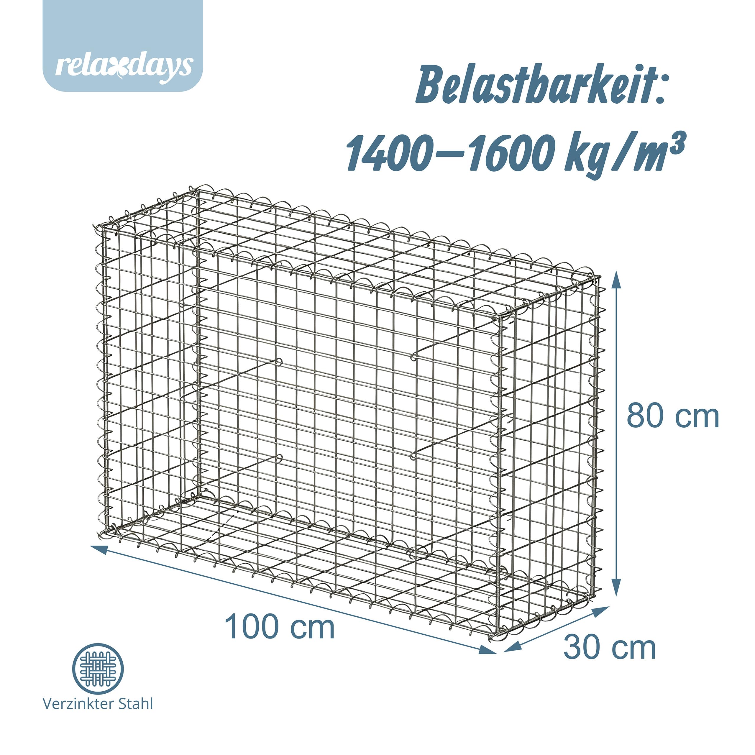 Relaxdays Gabione, Sichtschutz Garten, Steinkorb, 4mm Draht, silber | verzinkt, HBT: 80x100x30 cm, Gabionenwand, Stahl
