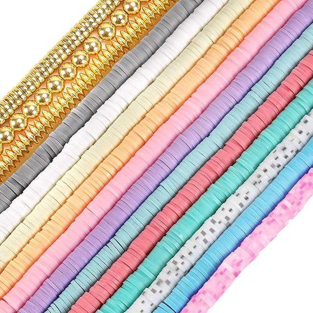 JULMELON 4080 Pcs Clay Beads Refill with 600 Pcs Round Gold Spacer Beads Kit Clay Beads Bracelet Making Kit Heishi Beads for Jewelry Making(6mm) (Macaron)