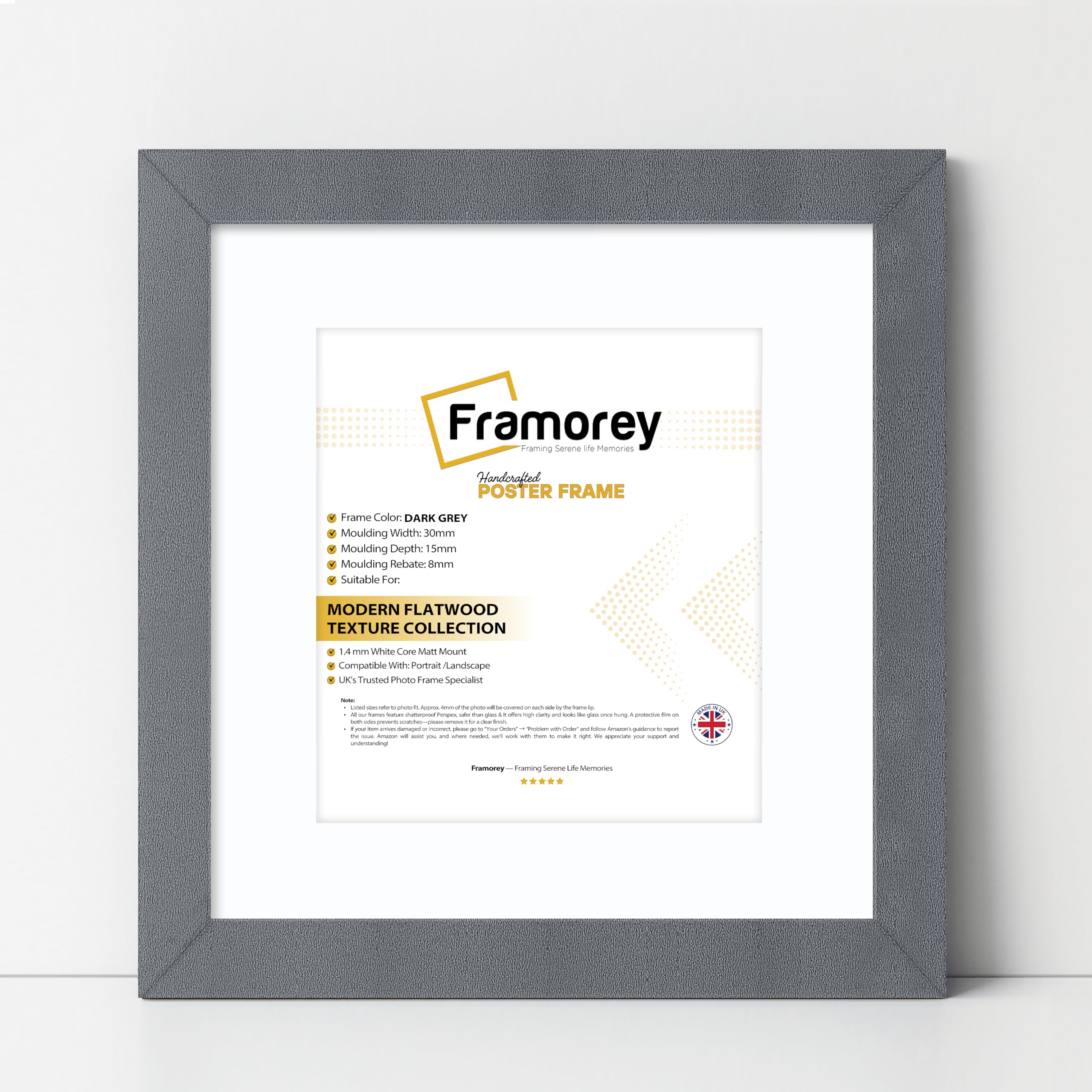 FRAMOREY Square Oxford Flat Wooden Effect Picture Frame, 24x24" Size Dark Grey Photo Frame With 20x20" Size White Mount, Photo Print Frame, Best Photo Frames For Birthday Gift
