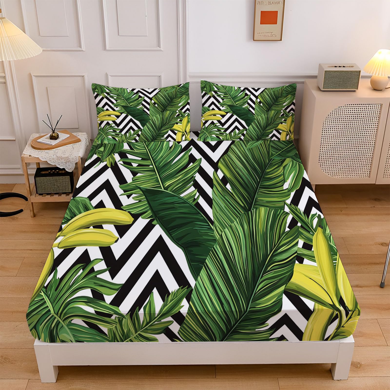 Drap housse 90x190cm vert émeraude en microfibre avec motif de feuille bananier bonnet 30cm