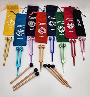 YANTRA Chakra Tuning Fork Set of 8 Color Weighted Healing with Individually Marked Chakra Sign Bags and Striker Includes S...
