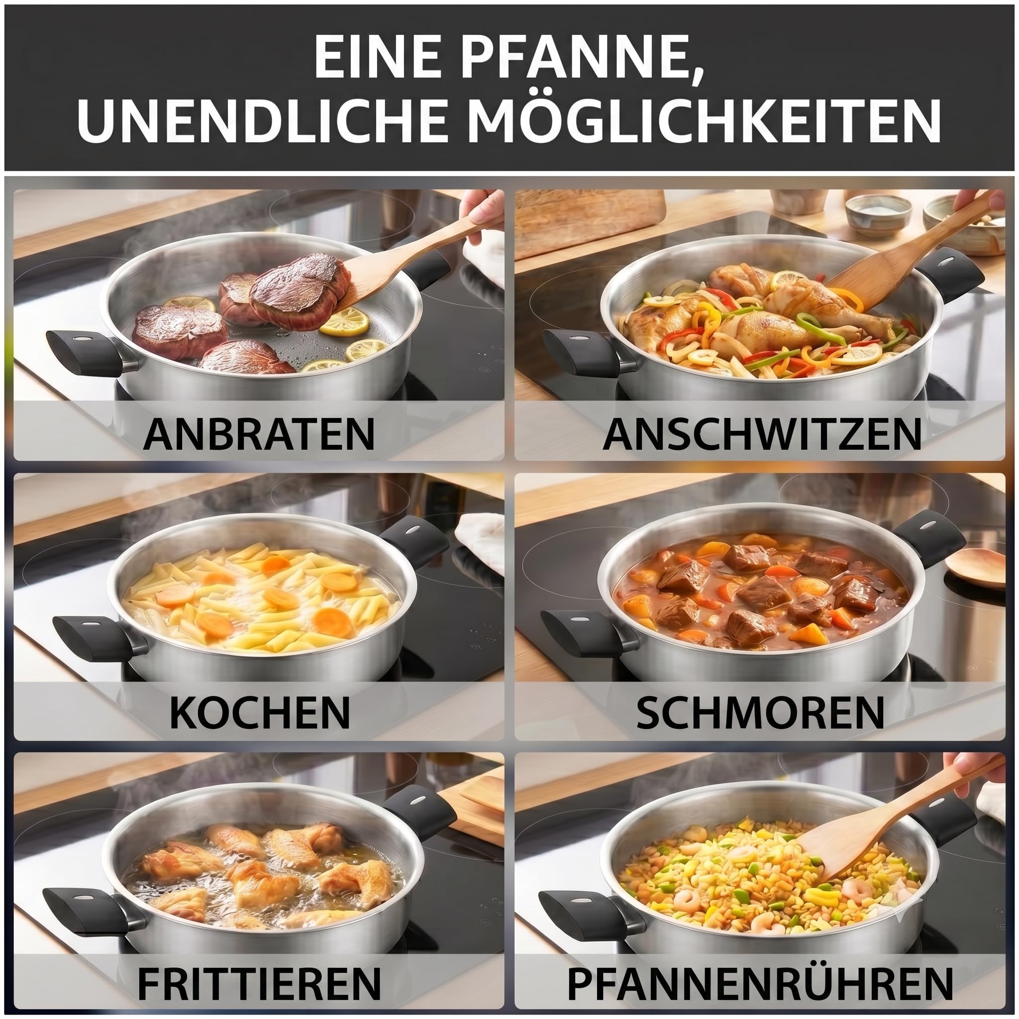 Edelstahl Topfset 6-teilig, Kochtopf Set mit Glasdeckel, Induktion geeignet, Edelstahl Töpfe Set ohne Beschichtung, spülmaschinengeeignet, für Gas-, Elektro- und Cerankochfelder
