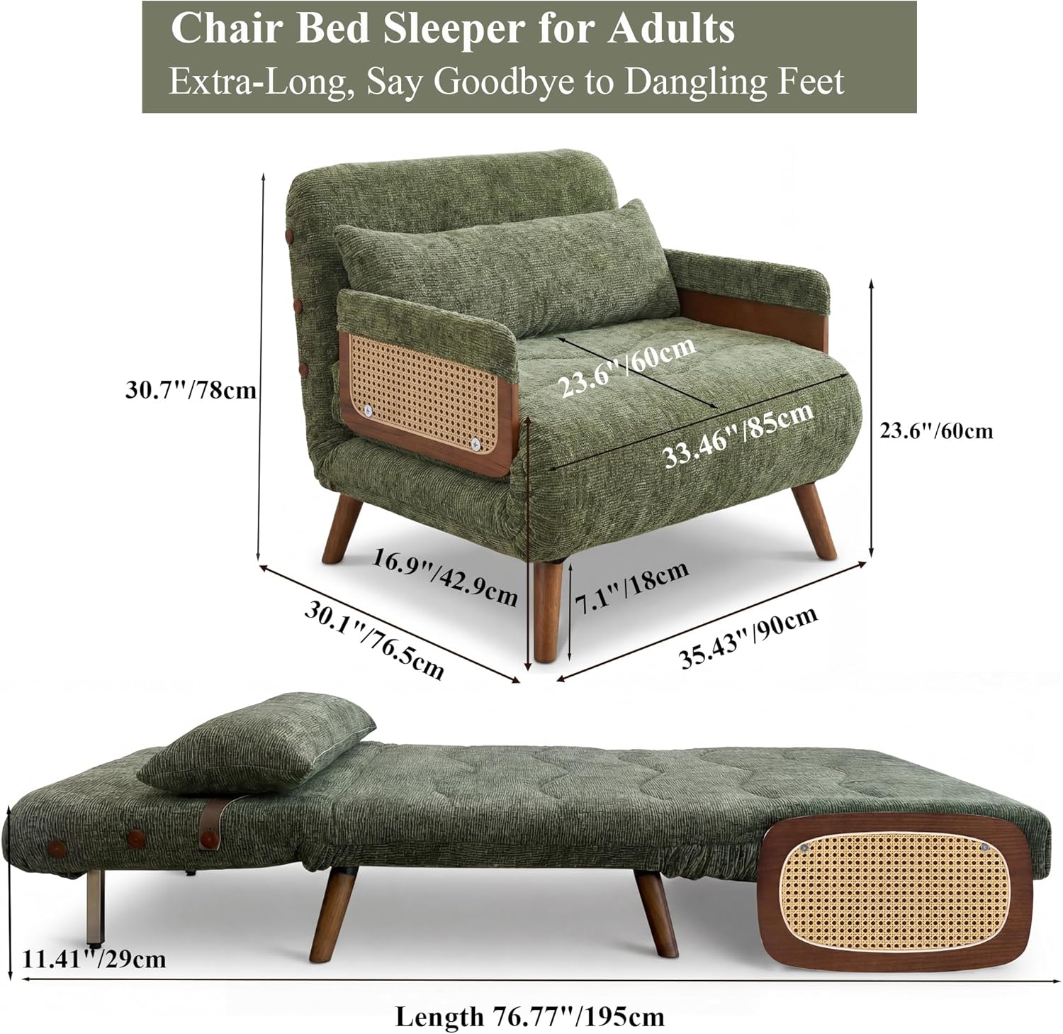 Large Folding Single Sofa Bed Couch, Chair Bed Sleeper for Adults, 400g Green Chenille Fabric, Suitable for Living Rooms, Bedrooms, Study Rooms, and Balcony Compact Spaces (35" W) | Adjustable Backrest, Metal bed frame, Adjustable Headrest, 400g Chenille Fabric, 77-inch length