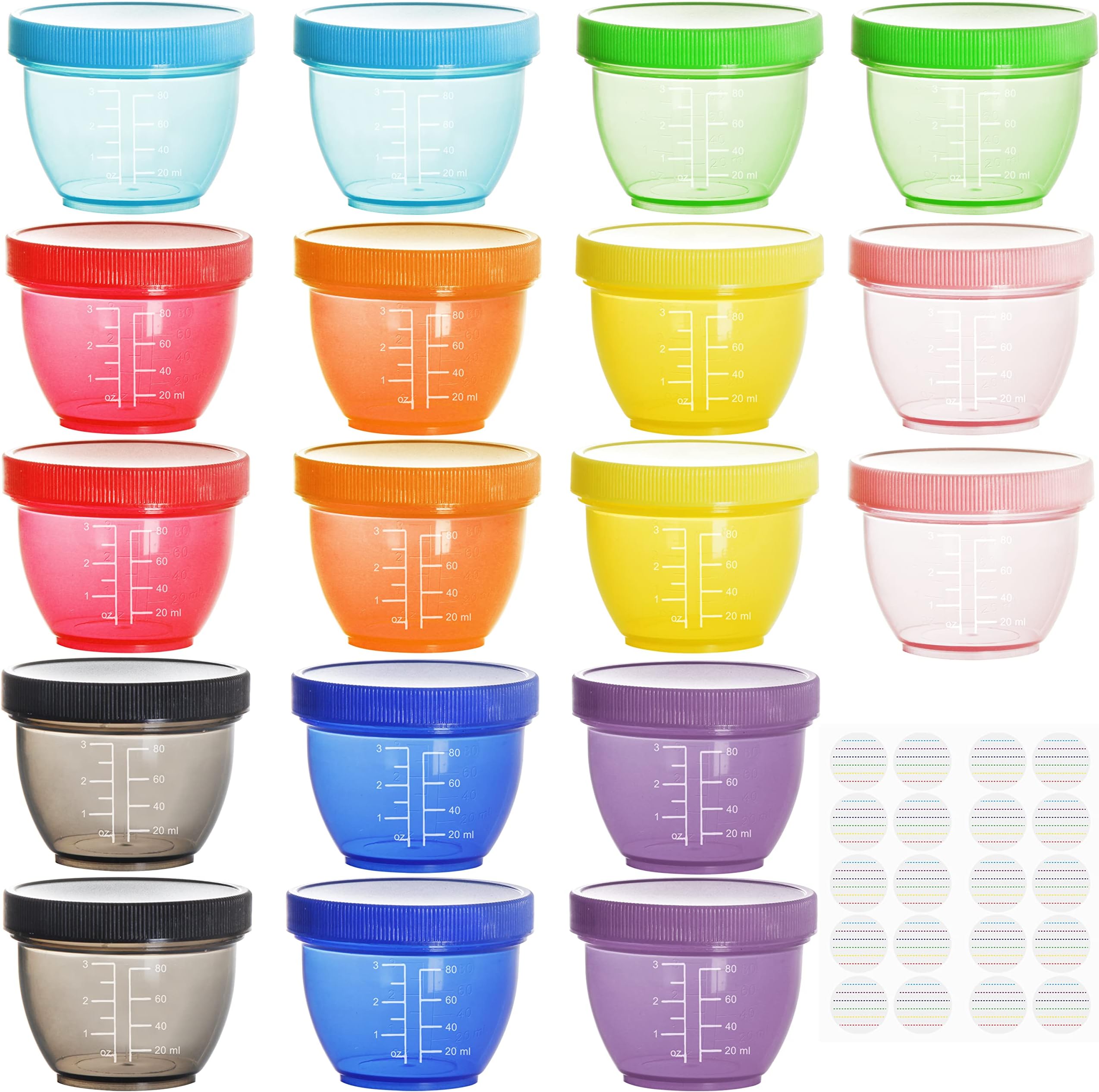 Youngever18 Pack 120ML Small Food Containers with Lids, 1/2 Cup Mini Food Storage Containers, Condiment, and Sauce Containers, 9 Assorted Colors, with Lids Labels