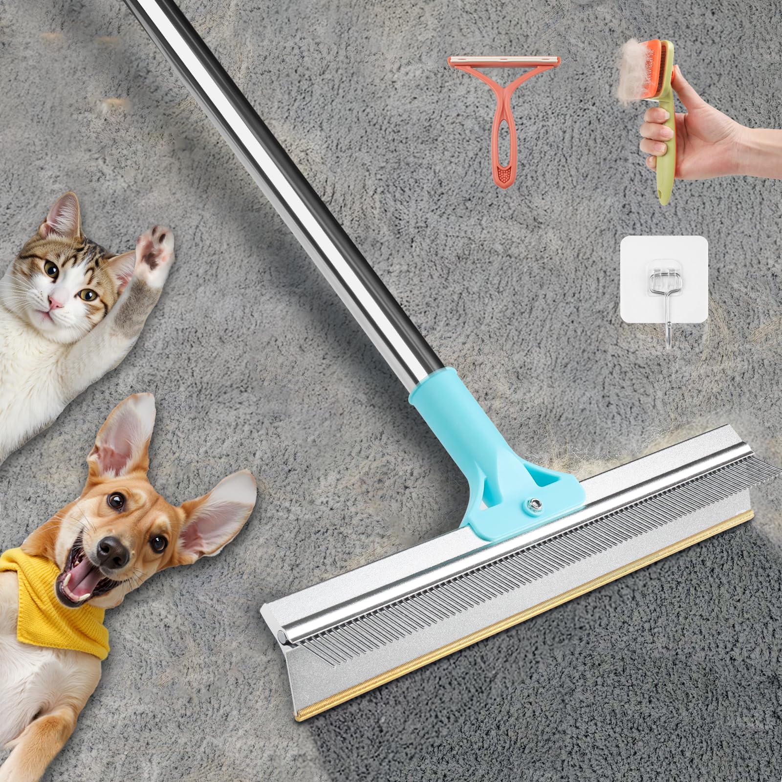 Râteau à tapis 2 en 1 pour l'épilation des poils d'animaux de compagnie, réutilisable, 137,2 cm, long manche réglable, râteau à tapis pour chat et chien, brosse à poils pour tapis, tapis, canapé