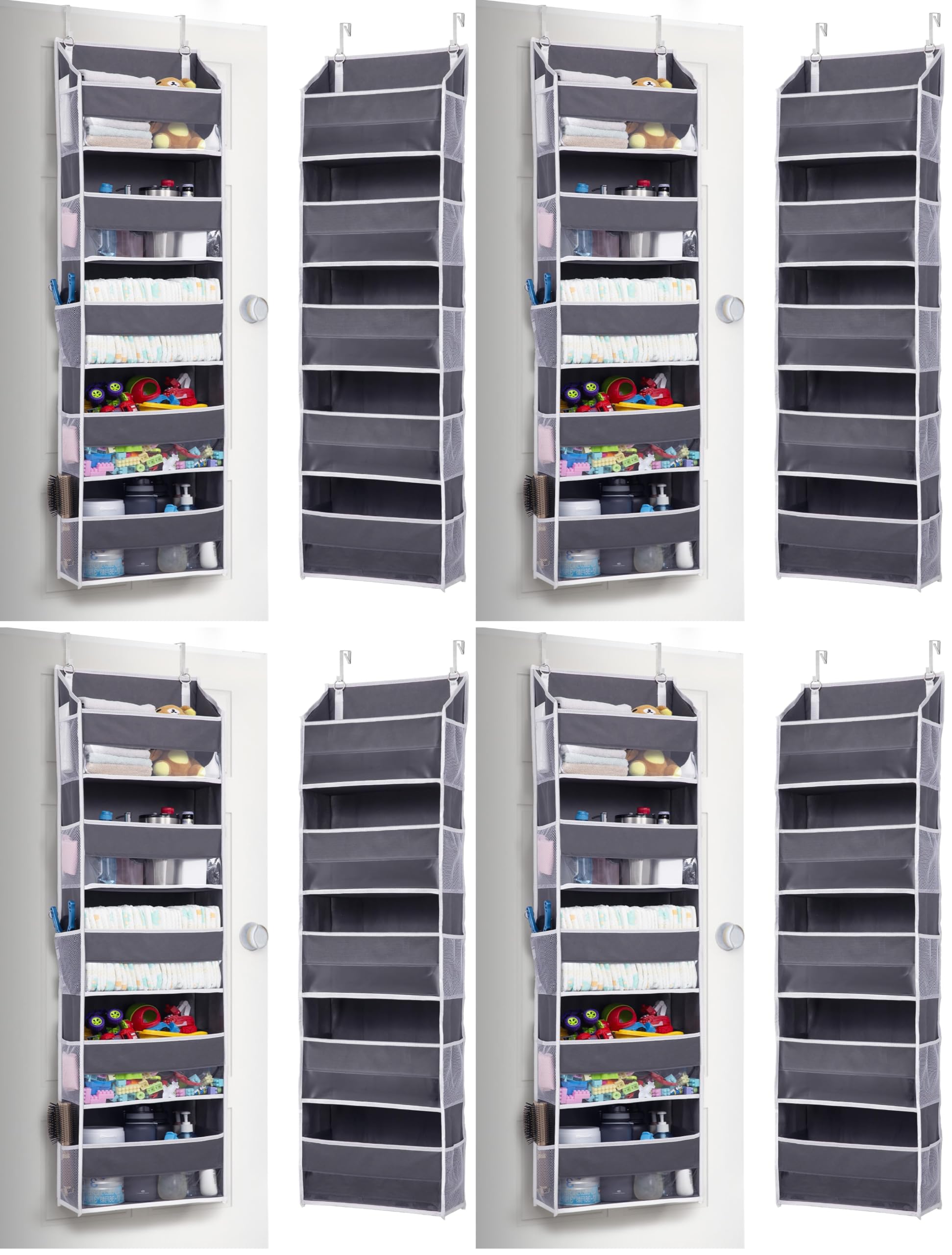 ULG 4 Pack Over Door Organizer with 5 Large and 10 Mesh Side Pockets, 44 lbs Weight Capacity Hanging Storage with Clear Window Kids Toys, Shoes, Diapers, Dark Grey, 5 Layers