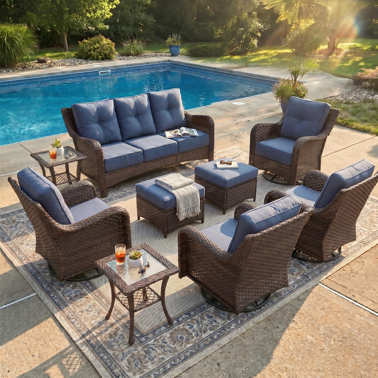 LayinSun 9 Piece Wicker Outdoor Furniture Set with 6-inch Comfy Cushions