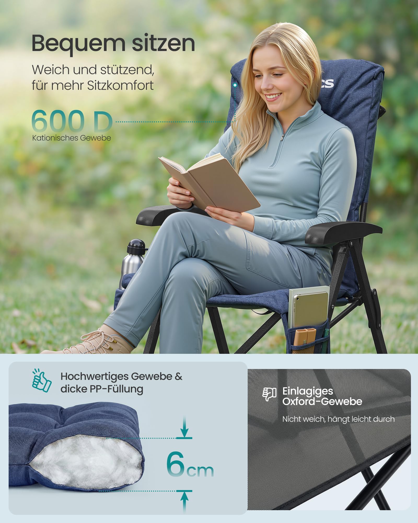 SONGMICS Campingstuhl faltbar, für Erwachsene, 95°-150° verstellbare Rückenlehne, Klappstuhl 6 cm Polsterung, Getränkehalter, Seitentasche, Tragetasche, Garten Camping Angeln, blau GCB016QZ01