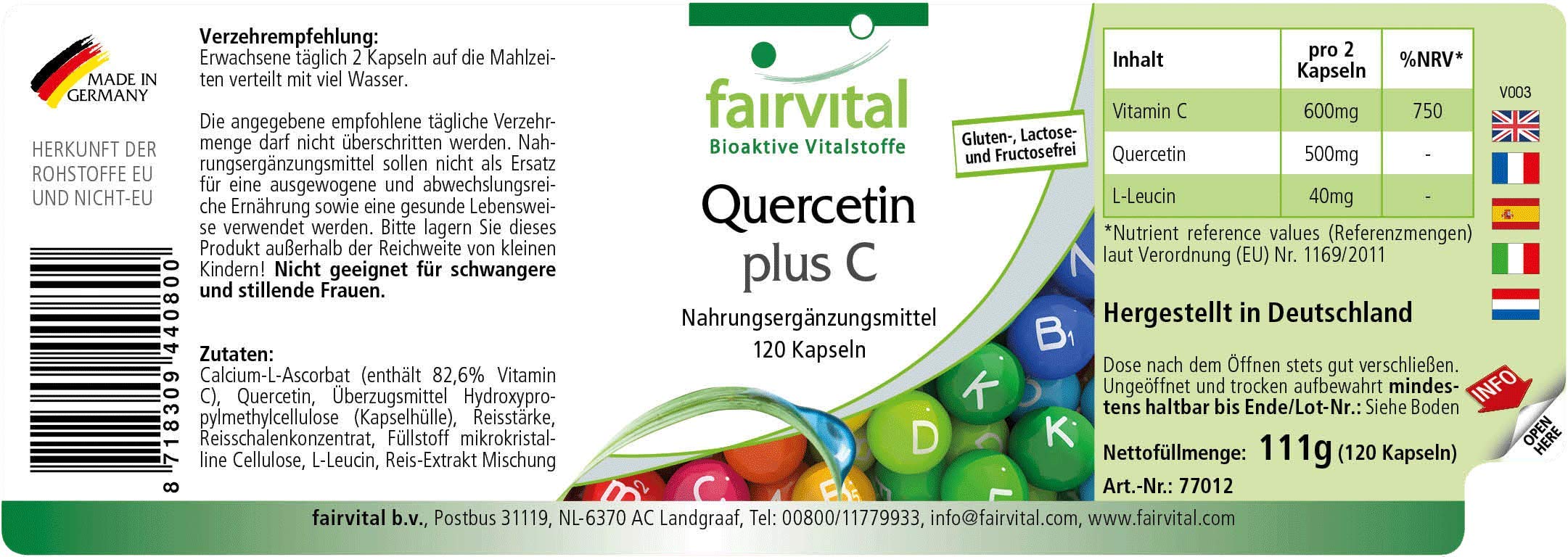 fairvital Gélules de quercétine à la vitamine C, 120 gélules, HAUTEMENT DOSÉ, 250mg de quercétine plus 300mg de vitamine C par gélule, VÉGÉTALIEN, antioxydant