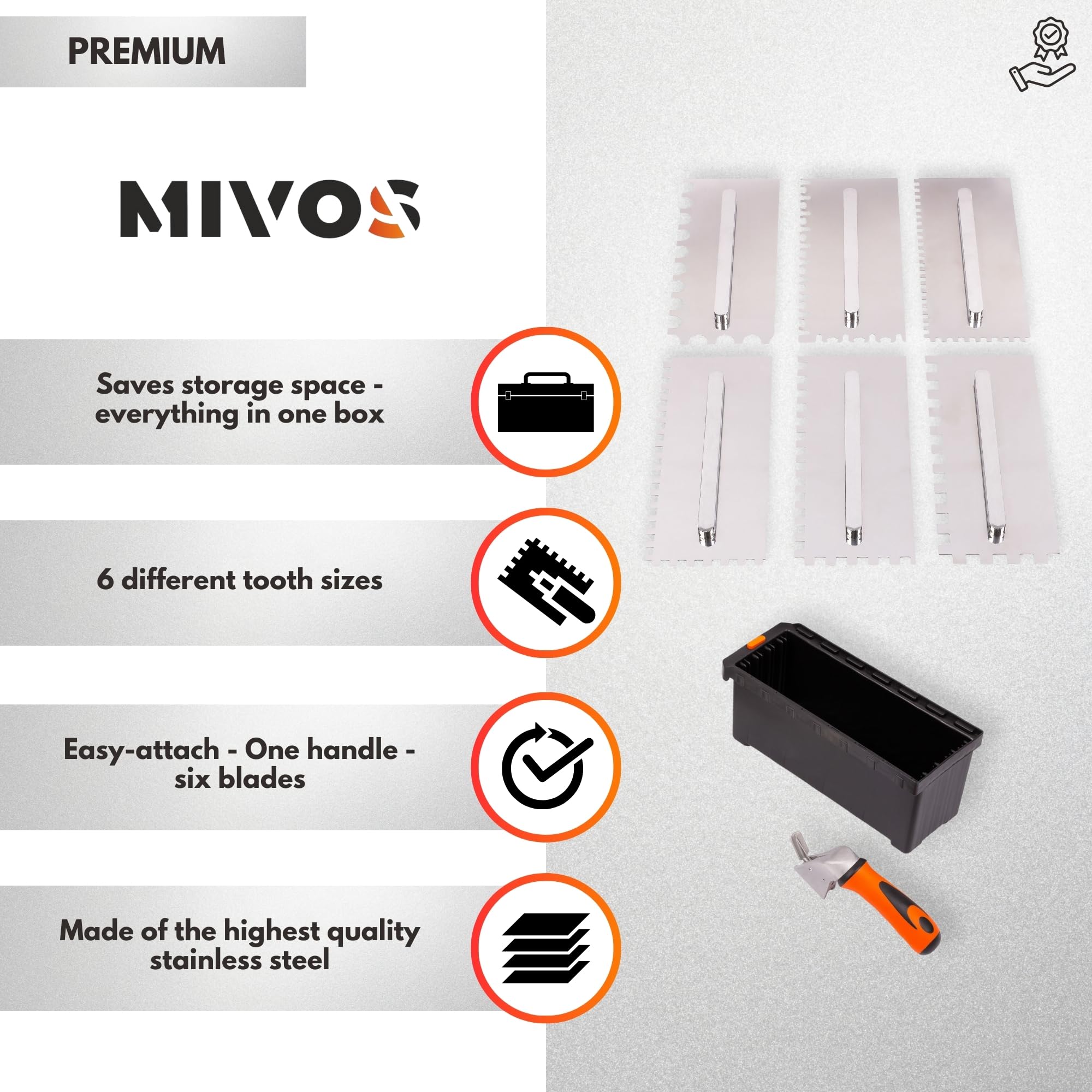 MIVOS Trowels Set including removable handle and transport box, 6, 8, 10, 12 mm, U-type, Tiger type, 6 toothed trowels - Image 3