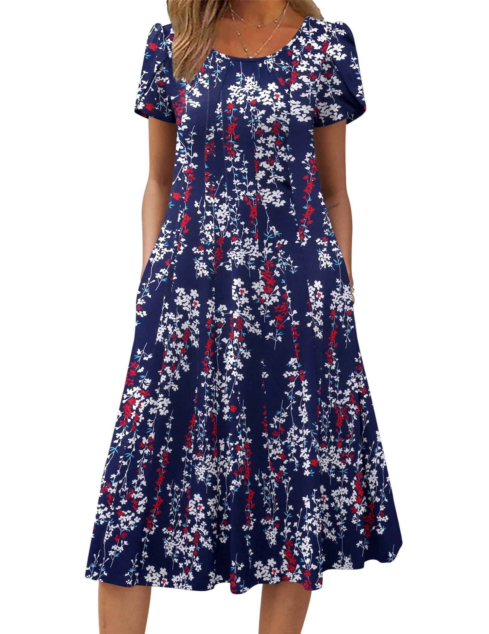 Womens Casual Dresses for Summer Short Sleeve Flare Midi Dress Loose Flowy Beach Sundress