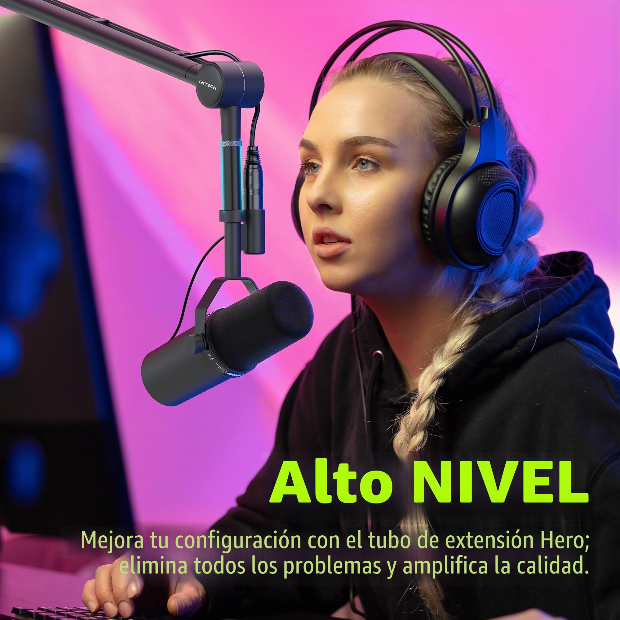 IXTECH Soporte de micrófono de brazo con tubo de extensión mejorado para Shure SM7B MV7 Blue Yeti azul Yeti, soporte de escritorio plegable con brazo de tijera para juegos de podcast
