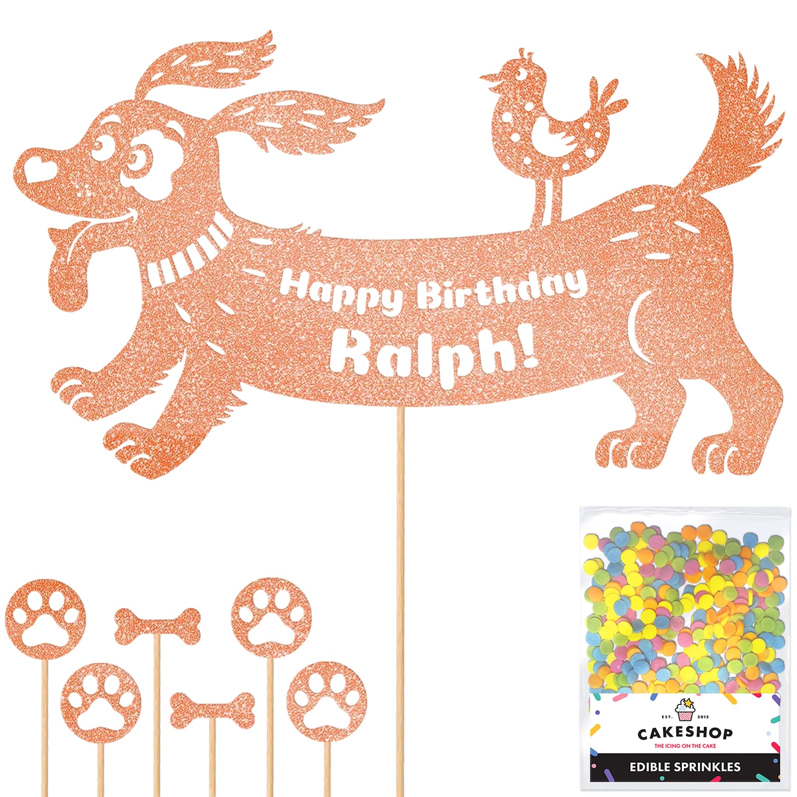 Personalised Birthday Dog Puppy Glitter Cake Topper- Rose Gold Any Name & Age Glitter Cake Decoration and Sprinkles - Happy Birthday Decorations - Personalised Toppers for Cakes by Cakeshop — image 1