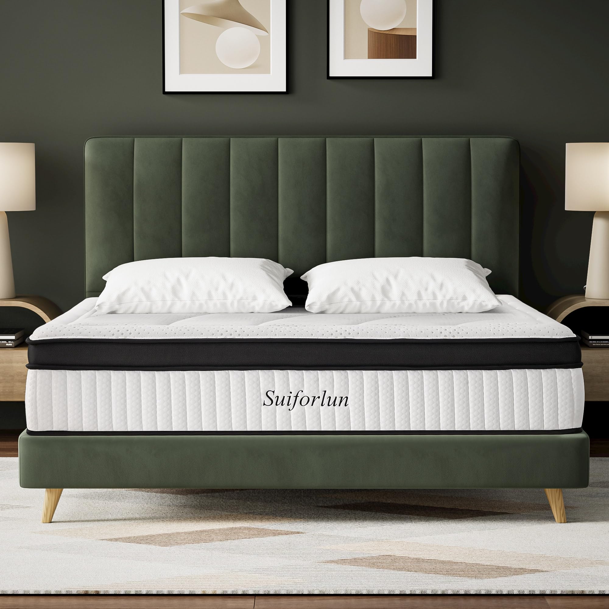 Suiforlun 14 Inch Queen Size Mattress - Gel Memory Foam and 7-Zone Individual Pocket Spring, Cooling Medium-Plush Euro Top, Fiberglass-Free Queen Mattress in a Box, 60
