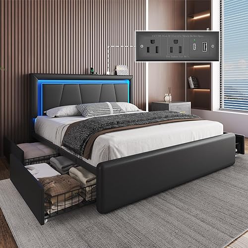 Queen Size Bed Frame with 4 Storage Drawers and LED Lights, Upholstered Platform Bed with Adjustable Headboard and Charging Station, Metal Slats Support, No Box Spring Needed,Easy Assembly, Black