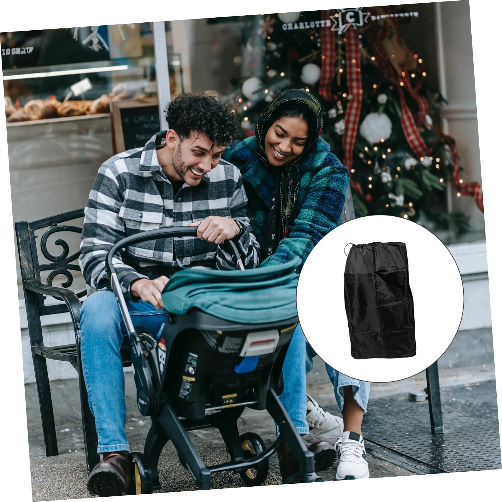 Borsa da Viaggio per Passeggino Nero in Nylon, per Aereo | Doppie Spalline, Chiusura a Coulisse Bloccabile, Cuciture Rinforzate per Tratte e Trasferte