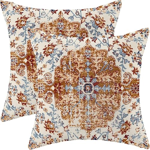 Juego de 2 fundas de almohada bohemias de 20 x 20 pulgadas, fundas de cojín con patrón de alfombra, color amarillo mostaza y azul, diseño étnico,