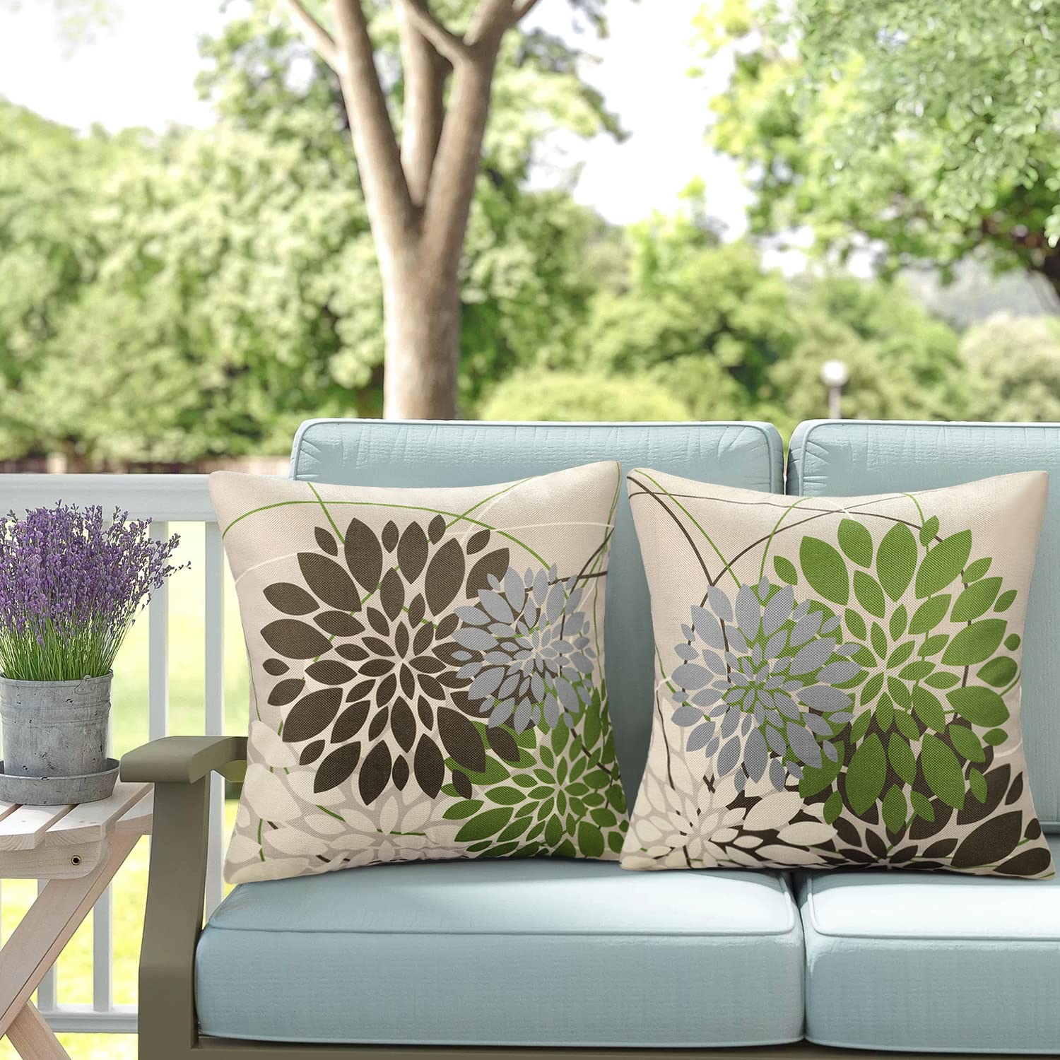2er Set Kissenbezüge 50x50cm – Braun Khaki Mit Dahlien & Geometrie-Muster, Aus Weichem Polyester, Mit Reißverschluss, Für Sofa & Wohnzimmer