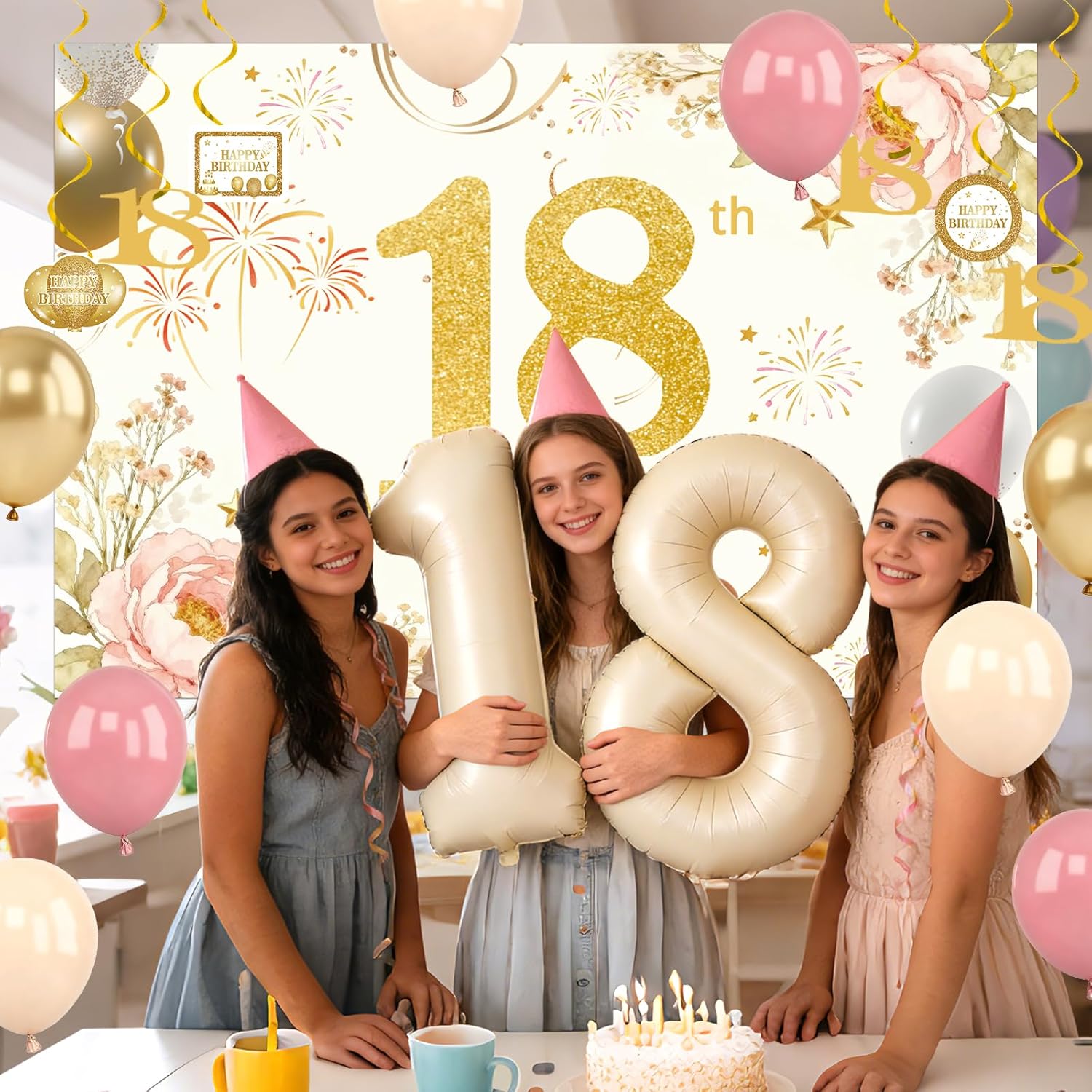 18th Birthday Decorations for Girls, Cream 18 Balloon Numbers Girl Happy 18th Birthday Banner Backdrop, 18 Year Old Party Decorations for Her Dusty Pink Gold Nude Balloons Streamers Party Supplies - Image 4
