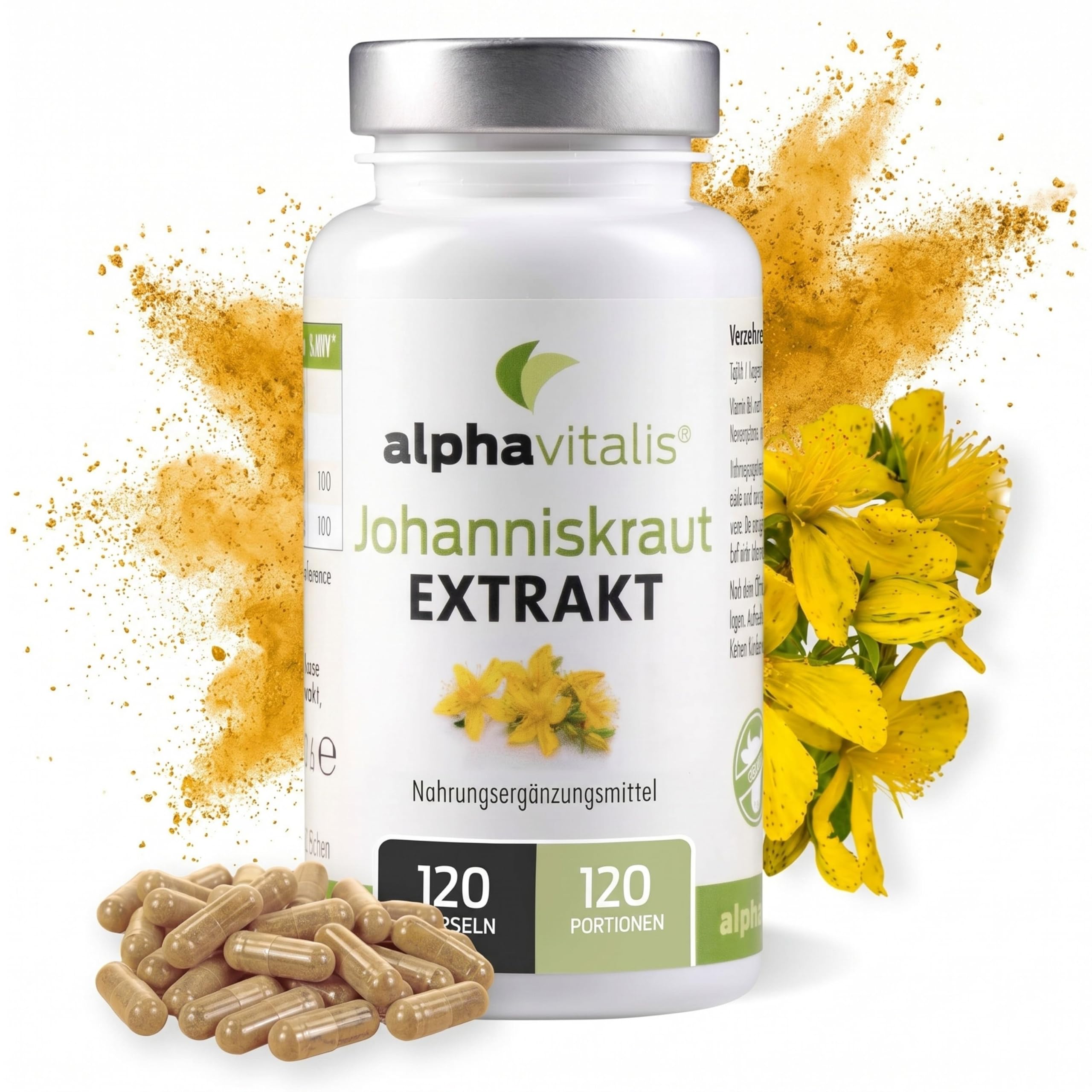 Johanniskraut Kapseln mit natürlichem Hypericin – vegan, Vitamin B6 & B12 | 120 Stück mit St. John’s Wort Extract aus Hypericum perforatum L. – optimal dosierter veganer Pflanzenextrakt