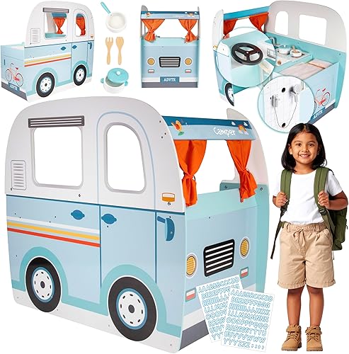 Juego de juguete de madera con volante, cocina, estufa, horno, cama, almohada, ducha de simulación, cortinas, calcomanías personalizadas, interior disponible en Yaxa Guatemala