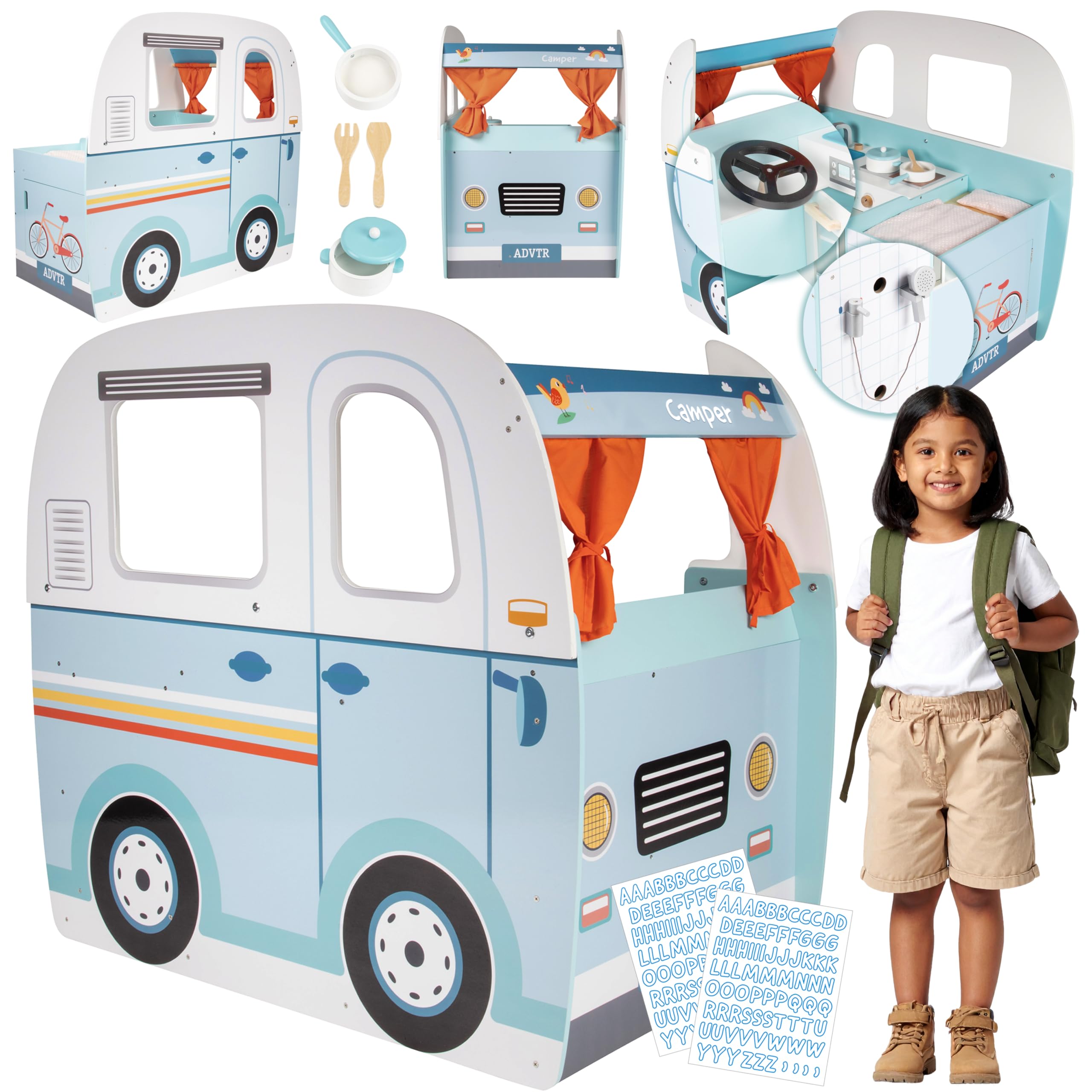 Wooden Play Camper Van Toy Playset w Steering Wheel, Kitchen, Stove, Oven, Bed, Pillow, Pretend Shower, Curtains, Personalization Stickers- Indoor Retro Car Camping, Travel RV Adventure- Ages 3+ Gift