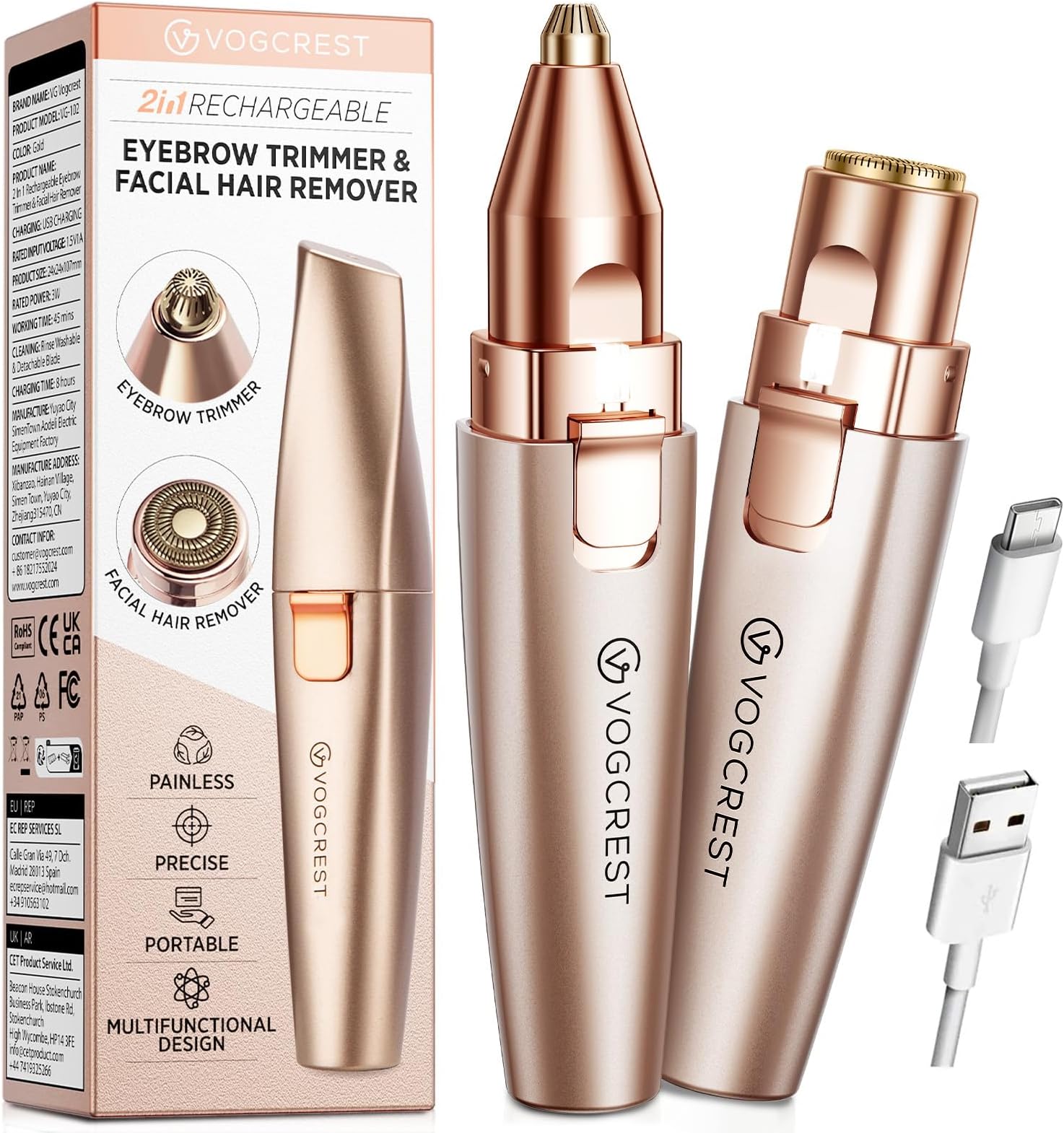- Eyebrow & Facial Trimmer: 2 in1 Rechargeable Facial Hair Removal & Eyebrow Shaver - Body Razor with Built-in LED Light (Rose Gold)