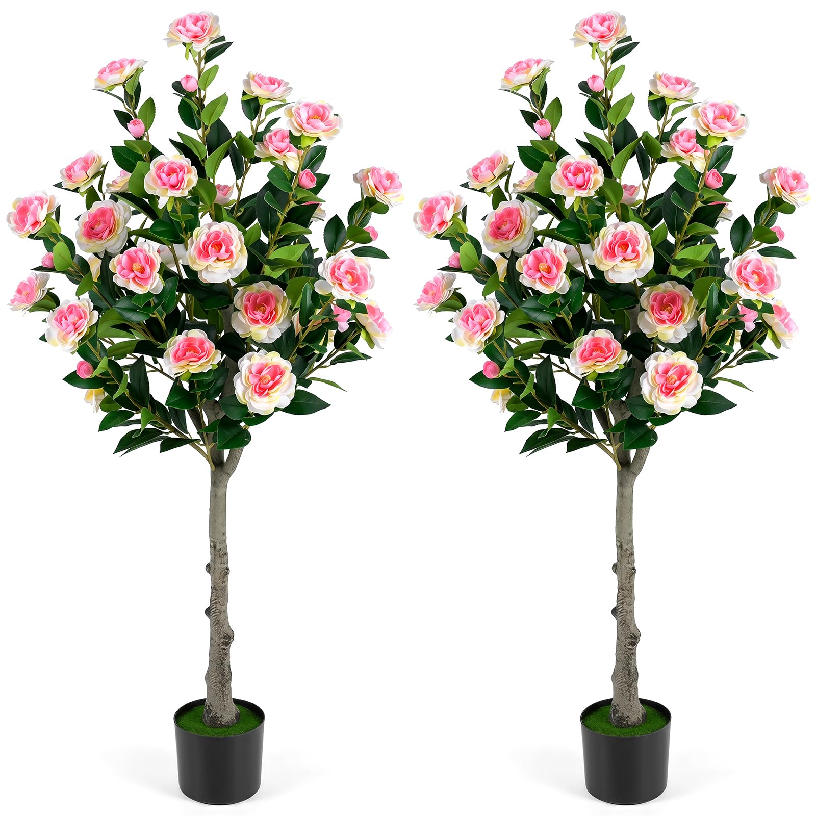 COSTWAY 125cm Tall Artificial Camellia Tree, Fake Blooming Flower Tree (2)