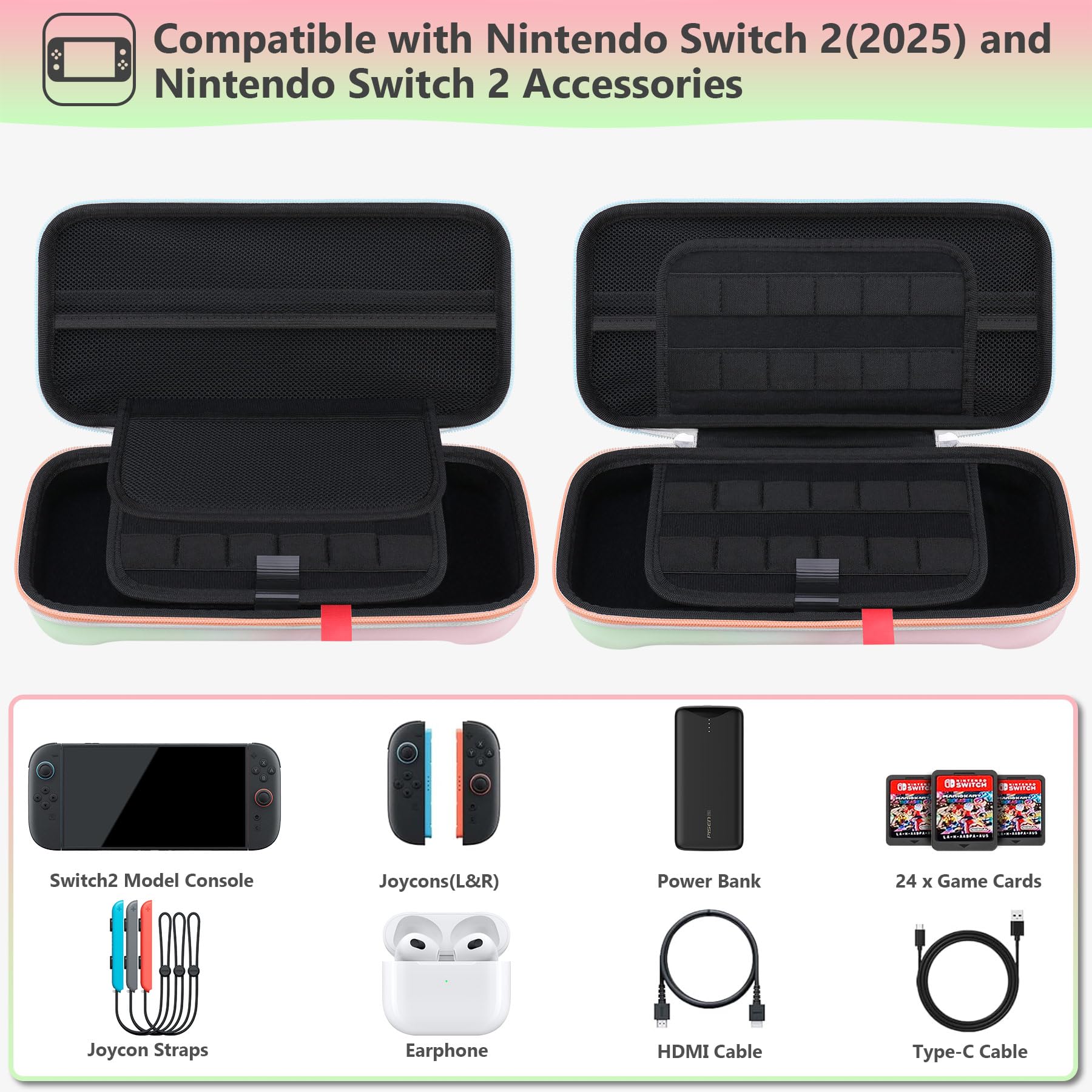 Supmay Funda de Transporte para Nintendo Switch 2, Funda rígida Protectora y portátil para Viajes con Capacidad para 24 Cartuchos de Juegos y Bolsillo de Malla, Rosa Verde Fancy