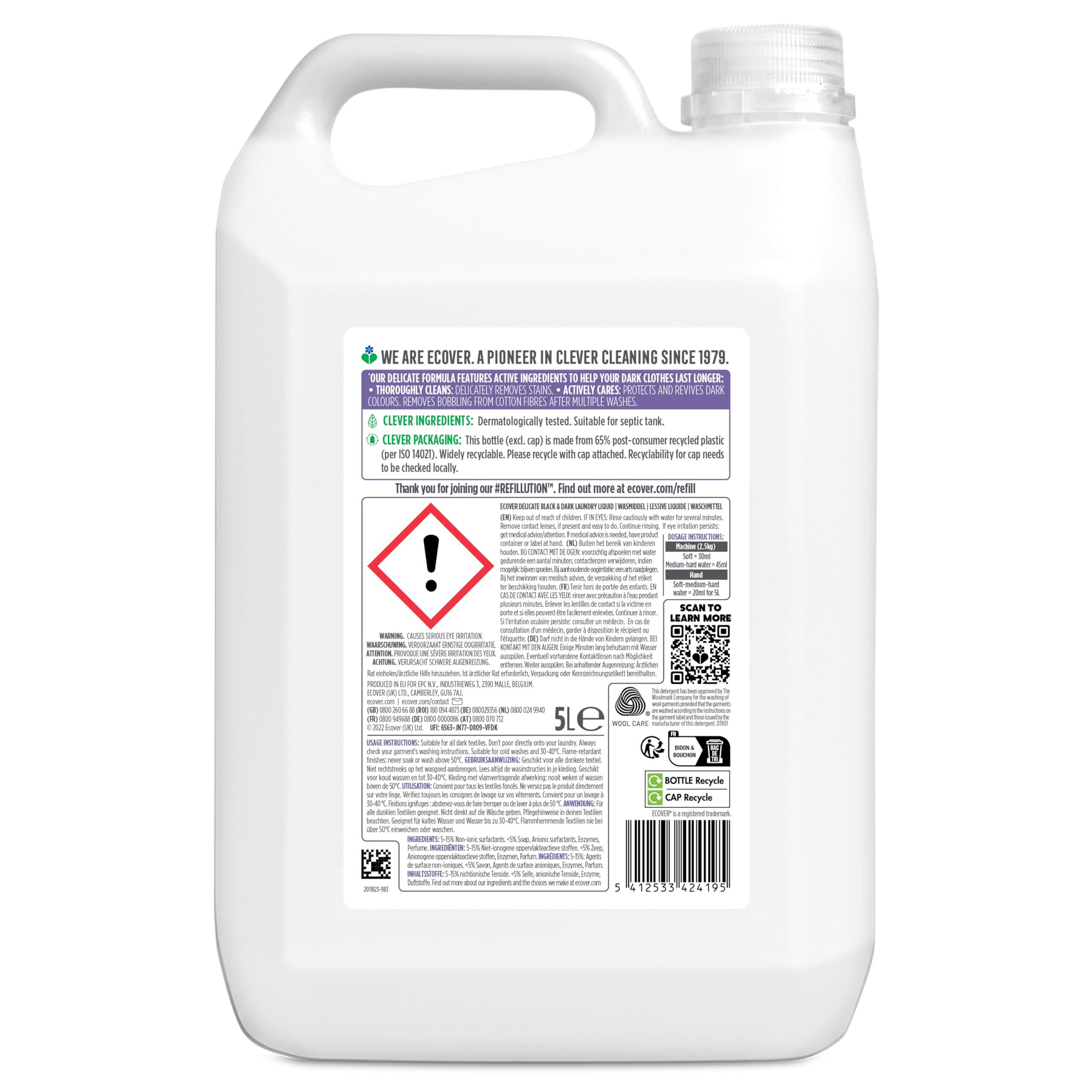 Ecover Feinwaschmittel Schwarz & Dunkel Refill, Limette & Lotus, 5L – Ansicht 2