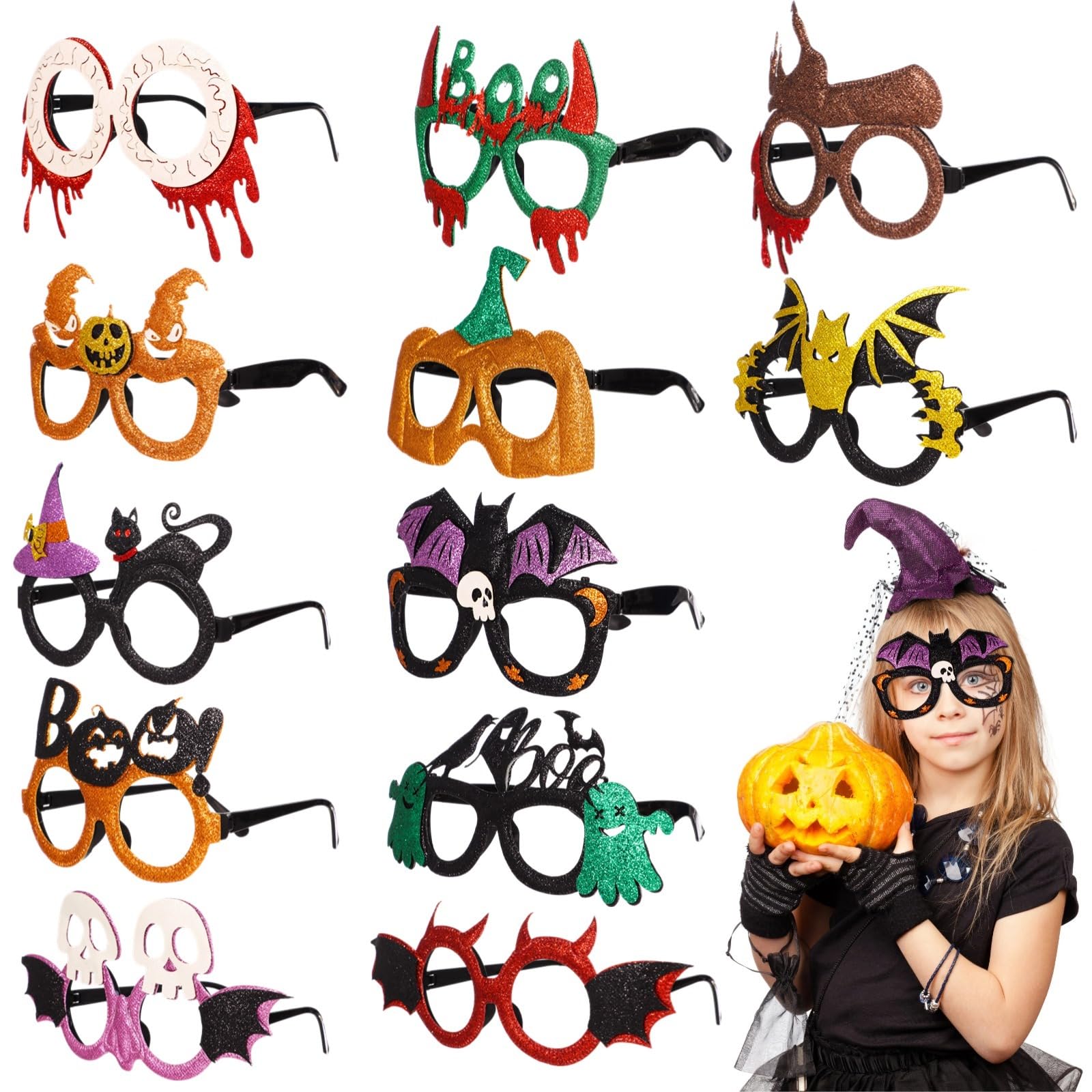 Generisch 12 Stk. Halloween Brillen, Glitzer Party Brillen für Halloween, gruselige Brillengestelle für Jugendliche und Erwachsene, lustige Foto Requisiten, Mitgebsel für die Halloween Party
