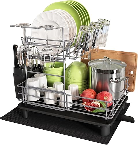 MAJALiS Escurridor de platos de 2 niveles, escurridor de platos de acero inoxidable que ayuda a la encimera de la cocina a ahorrar espacio,