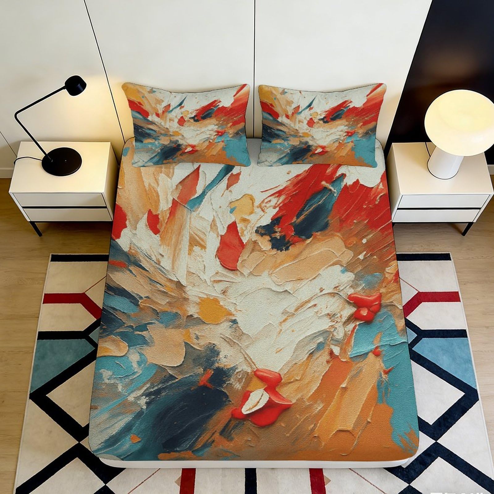 3D Printed Abstract Brushstroke Fitted Sheet Microfiber Orange Blue Artistic Bed Cover for Bedroom Dorm Mattress Decor 90x200x25cm