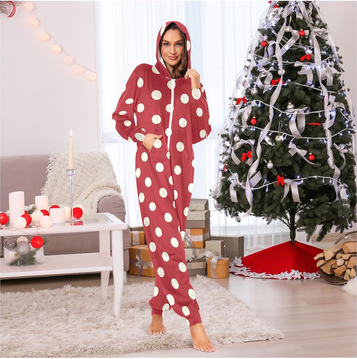 ZZKKO Polka Dots Red Adult Onesie Pajamas for Women Men Cozy One Piece Pajamas Costume Zip-Up Hooded S-XL