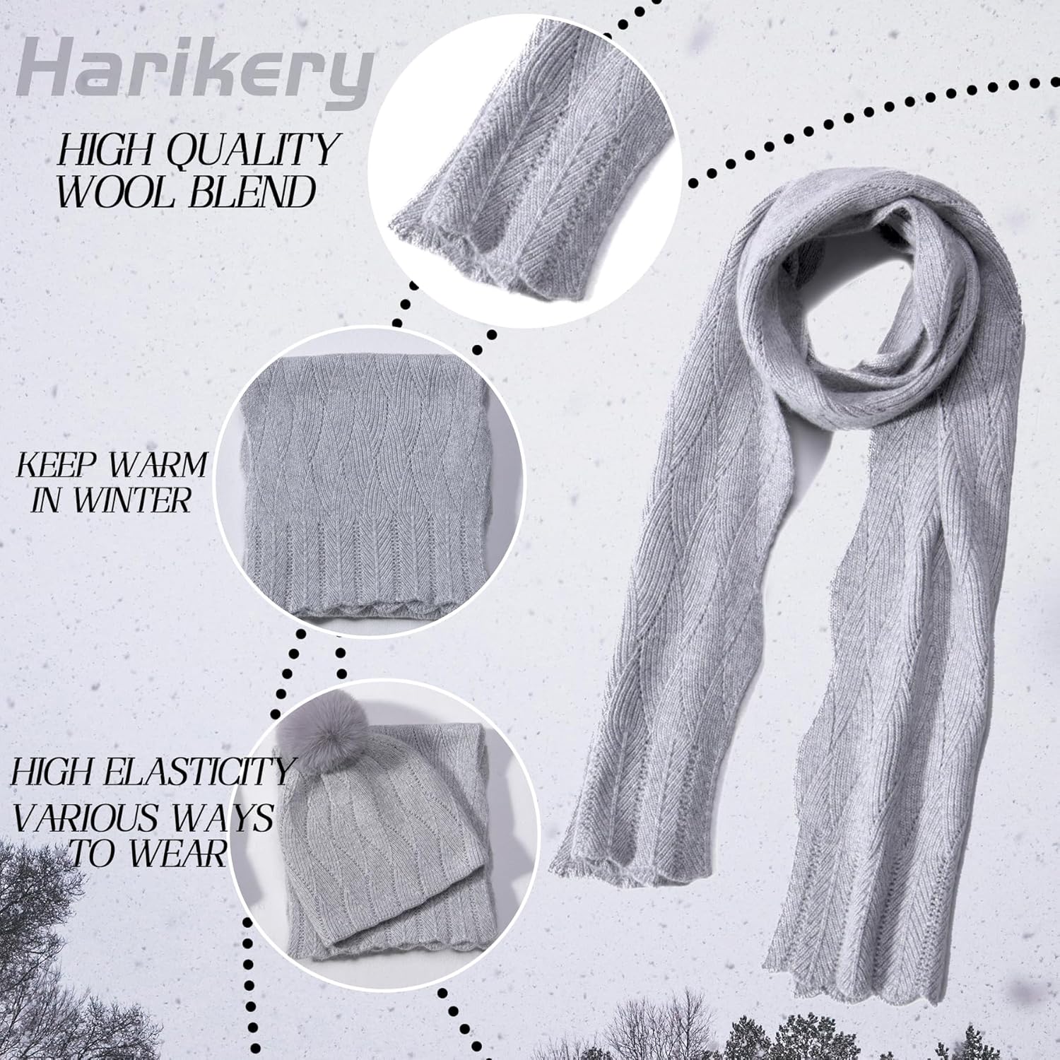 Knit Hat Scarf Set with Detachable Pom Pom, Wool Blend Winter Beanie & Long Scarf, Cold Weather Accessories for Women - Image 4