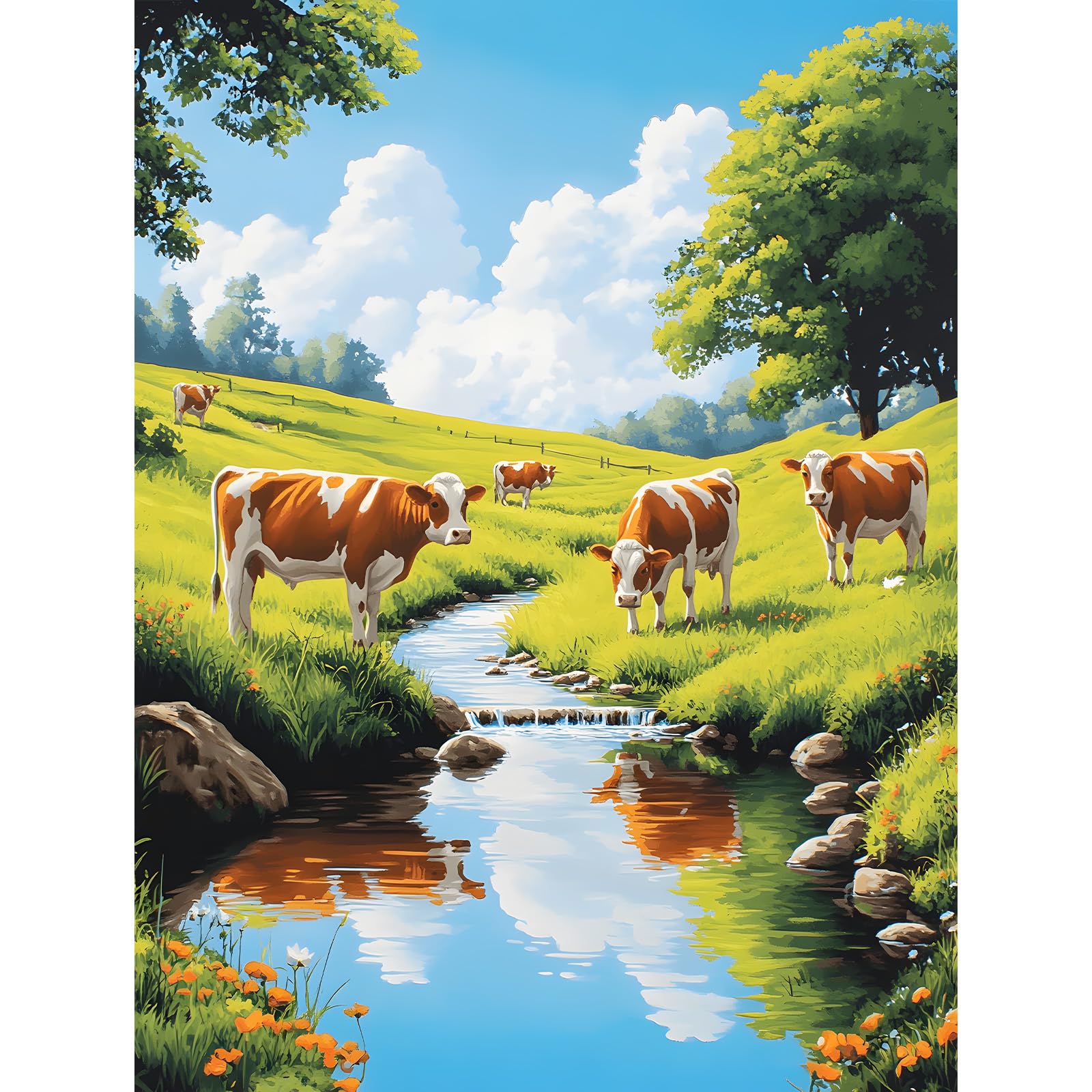 KEYIFA Paint by Numbers for Adults, Pasture Creek Bank Painting by Number Canvas Kits with Acrylic Paint Brushes, DIY Craft Oil Painting Art Kits for Adults, Home Wall Decor