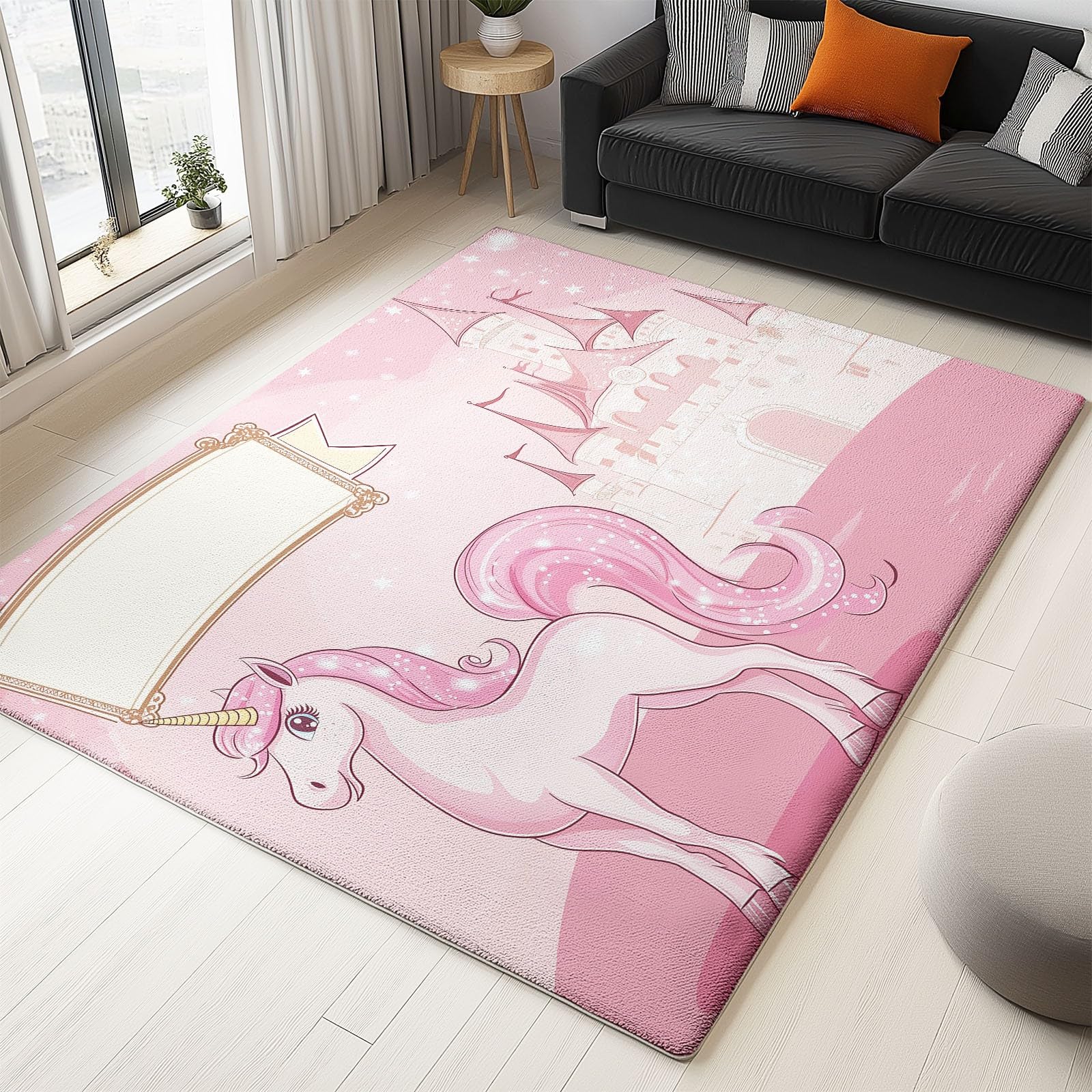 Generisch Teppich Cartoon Schloss Einhorn rutschfest Waschbar Teppich,90 x 150 cm Druck Teppich für Dekoration Schlafzimmer Kinderzimmer Wohnzimmer Kurzflor Rosa Teppich