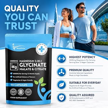 Magnesium Glycinate 3-in-1 Complex 2000mg – Triple Magnesium Blend with Bisglycinate, Malate & Citrate – 425mg Elemental – 90 Vegan Capsules – High Strength & High Absorption – UK Made Supplement