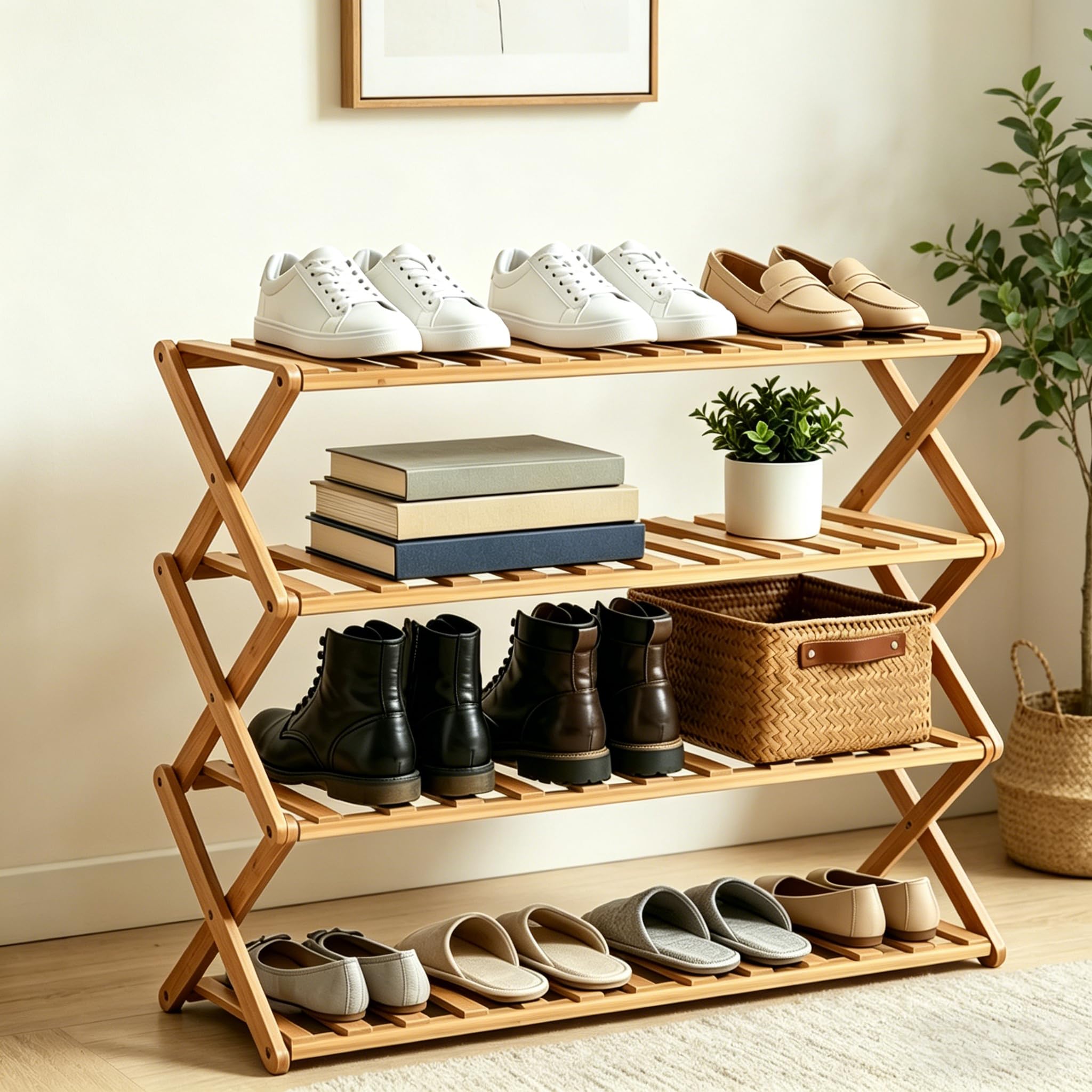 Meuble à Chaussures en Bambou à 4 Niveaux – Pliable, Gain de Place, Aucun Montage requis – Étagère à Chaussures en Bois pour couloirs, entrées, Chambres et Salons
