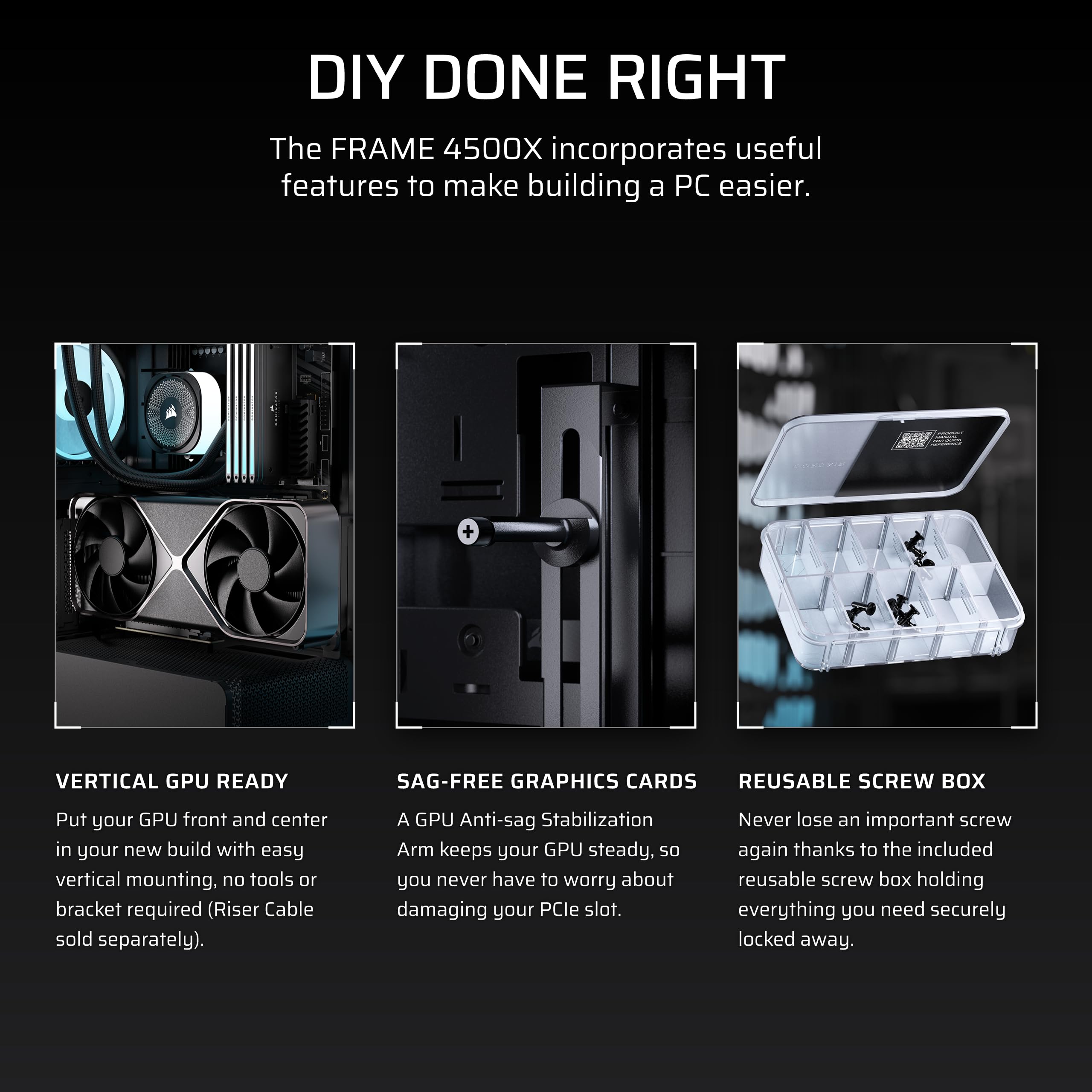 CORSAIR FRAME 4500X LX-R RGB LINK Panoramiczna szklana obudowa PC Mid-Tower - system montażu InfiniRail, pasuje do podwójnych grzejników 360 mm, GPU Anti-Sag, 3 x wentylatory LX120R RGB LINK w