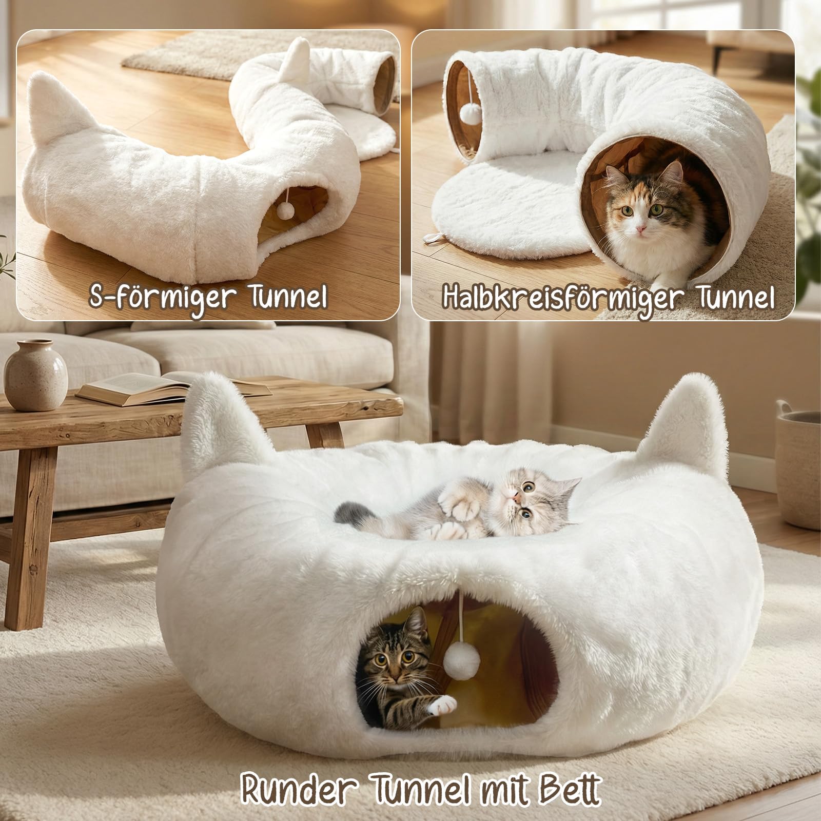 Katzentunnel Rund Weiß mit Katzenbett, Weicher Plüsch Katzen Donut Tunnel Spielzeug mit Waschbarem Kissen, Peekaboo Katzenhöhle Spieltunnel XXL für Indoor Katzen & Haustiere