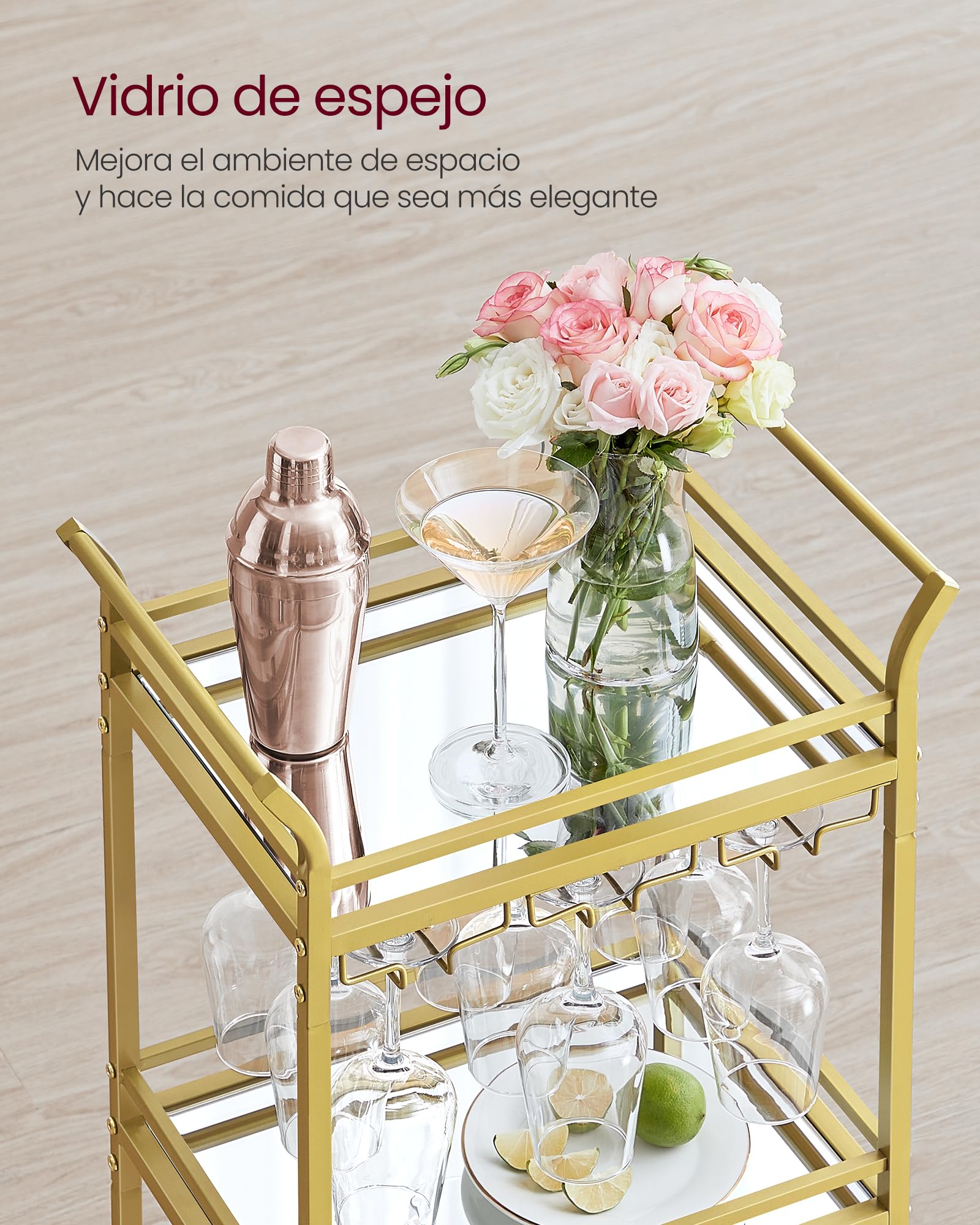 VASAGLE Carrito de 3 Niveles, Carro de Cocina Dorado, con Ruedas, con Pasamanos, Vidrio de Espejo, Carro para Espacios Pequeños, Cocina, Comedor, Baño, Salón, Bar, Dorado LRC091A62
