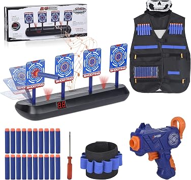 FOR21JOYS Kit Tactique Complet avec Pistolet Blaster, Cible Électronique et Gilet