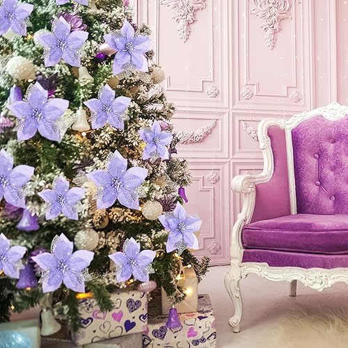Vista 101 de Boao 24 Pieces Christmas Artificial Glitter Poinsettia Flowers Xmas Flowers Wedding Christmas Tree New Year Ornaments(Green)