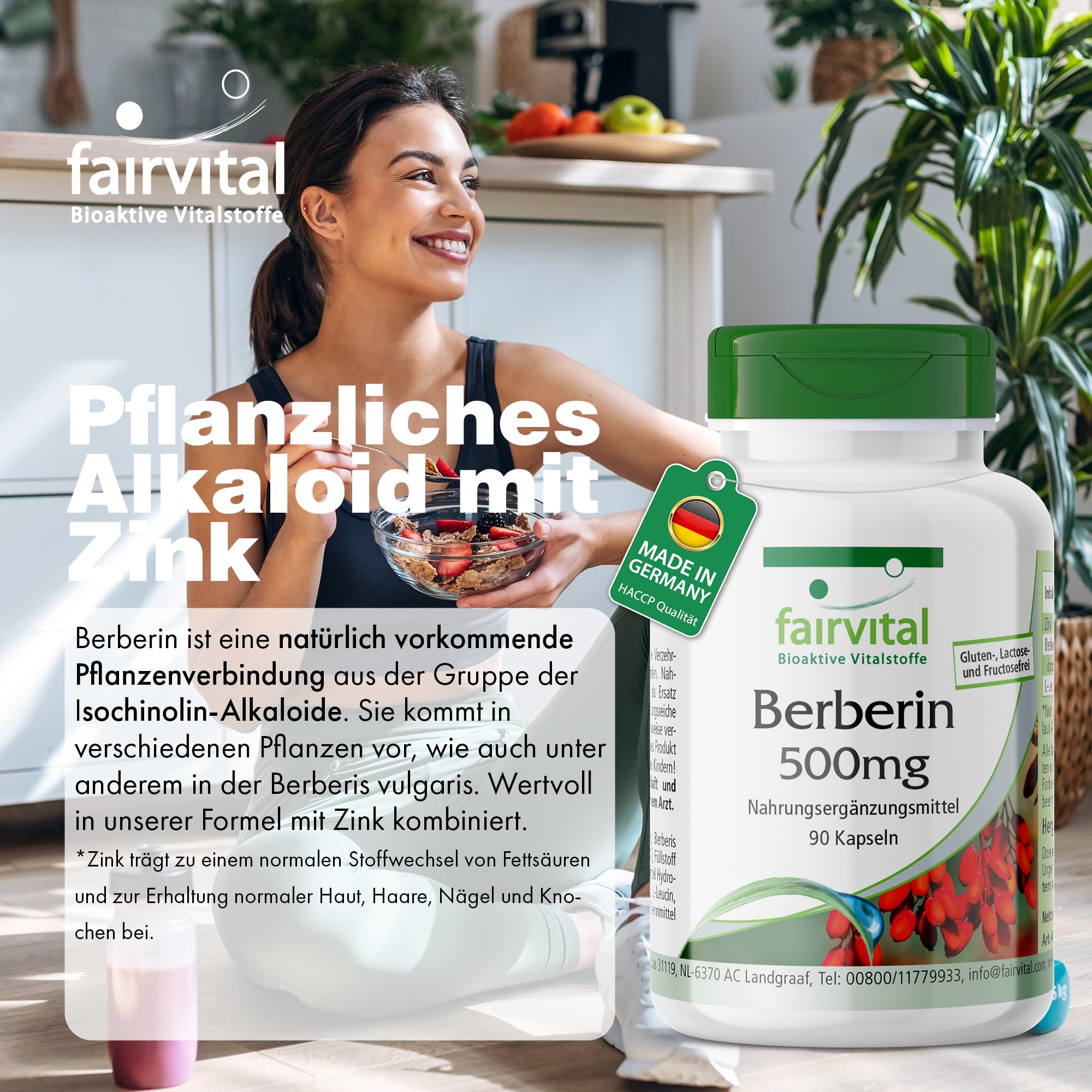 fairvital Berberin 500mg, HOCHDOSIERT, Berberin HCl + Zink, Berberis aristata, VEGAN, 90 Kapseln