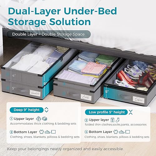 Miniatura 2 de 4 compartimentos paquete de 2 contenedores de almacenamiento debajo de la cama, contenedores de almacenamiento extensibles de doble capa debajo de