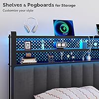 Vista 4 de VINGLI Cabecera de tamaño Queen con almacenamiento y LED, cabecera tapizada ajustable con estantes de 3 niveles y tablero de clavijas, cabecera